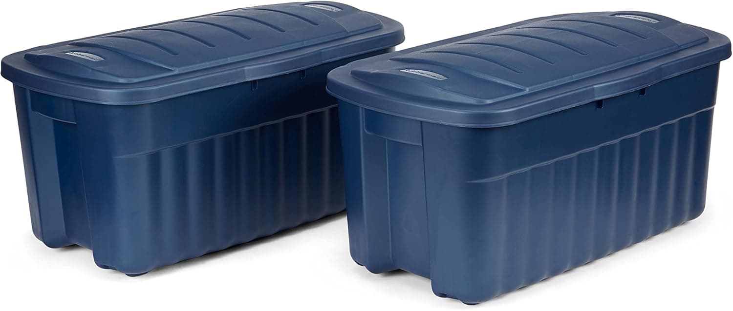 Rubbermaid Roughneck Tote 40 Gal, 2 Pack, Made in USA, Dark Indigo Metallic, Rugged Plastic Stackable Storage Bins with Lids and Handles 40 Gal - 2 Pack