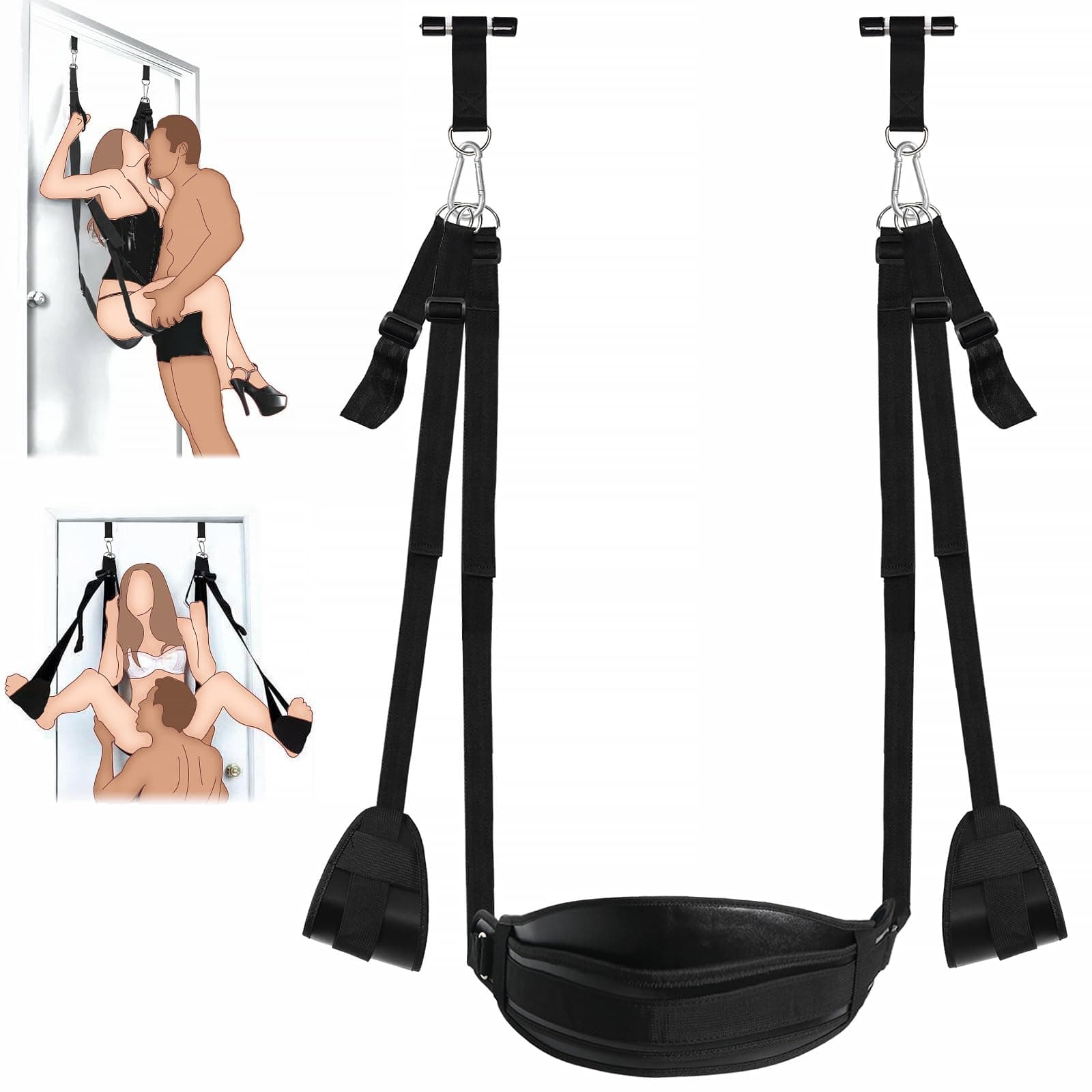 BDSM Door Sex Swings with Seat, Bondage Slave Leather Soft Plush Sex Slings with Adjustable Straps, Hanging Door Handcuffs Leg Restraints Spreader Kinky Adult Sex Toys for Couple, Holds up to 300lbs Black