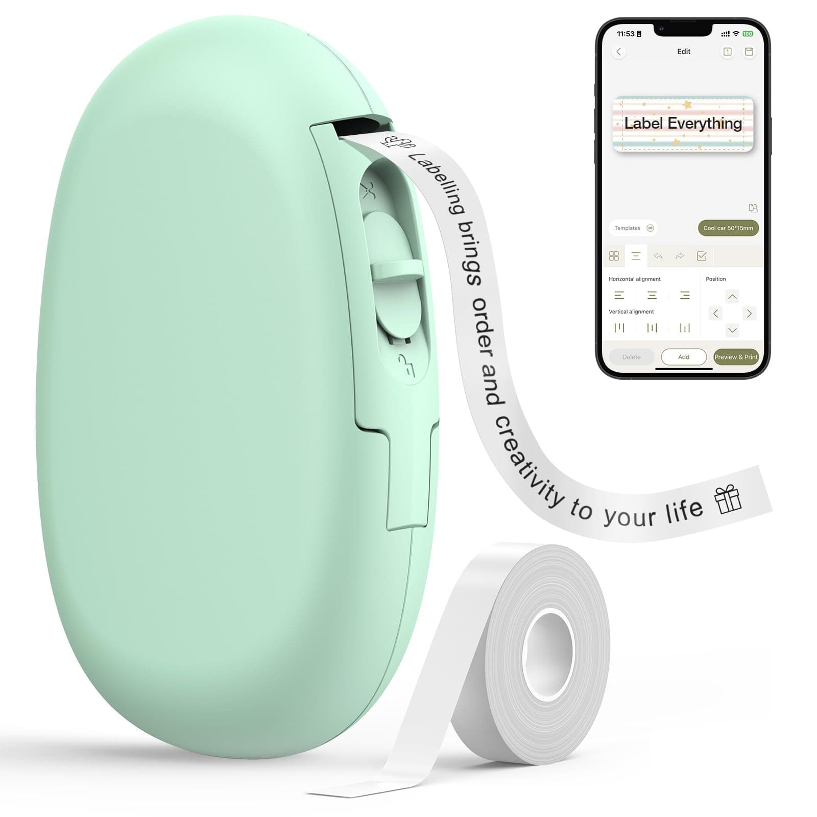 SUPVAN E10 Bluetooth Label Maker Machine with Tape, Continuous Waterproof Label, Versatile App with 35 Fonts and 1k+ Icons, Label Printer for Home, Kitchen, School, Office Organization, Green Green Machine + 1 Tape