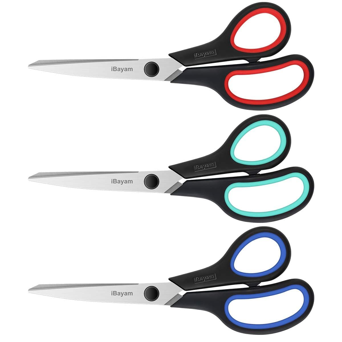 3-Pack 8" Heavy Duty Scissors with Ultra Sharp Blades and Comfort Grip Handles - For Office, Home, School, Sewing, and Crafts Red, Green, Blue 3-Pack