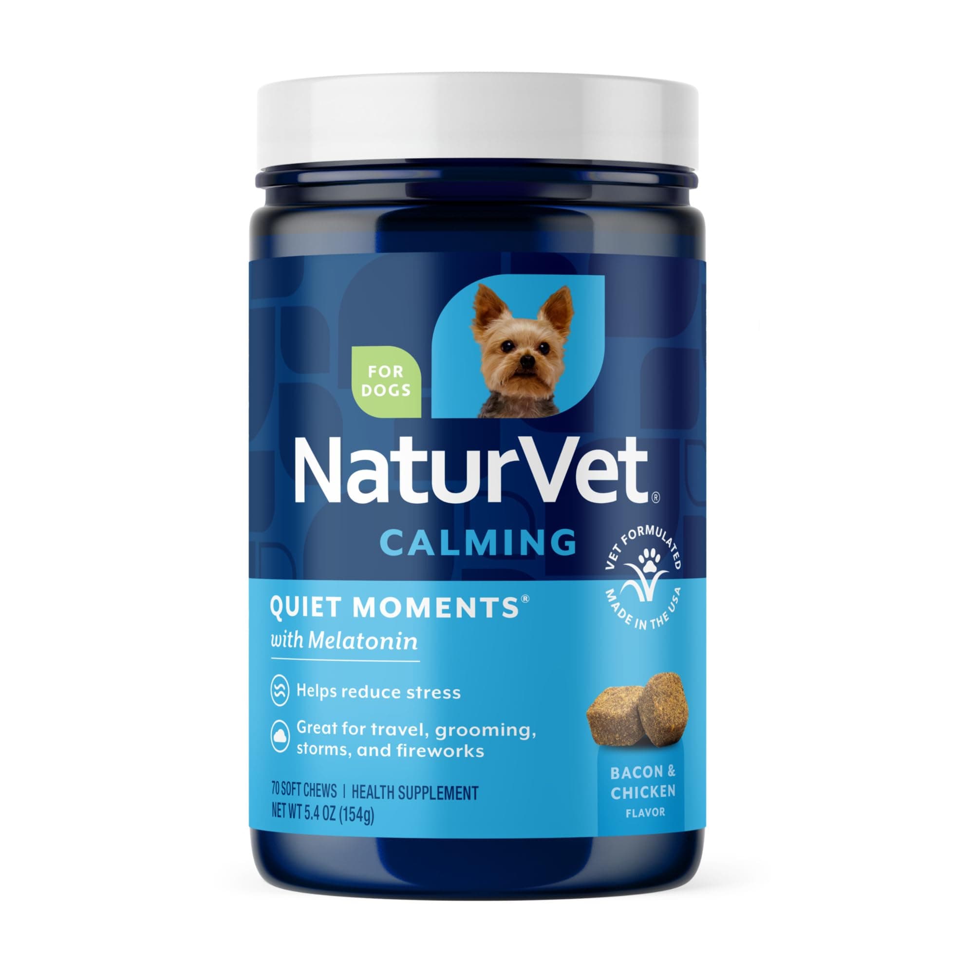 NaturVet Quiet Moments Calming Dog Supplement, Dog Soft Chews with Melatonin to Help Reduce Stress from Storms, The Vet, Fireworks, and Travel, Bacon and Chicken Flavored Pet Supplement, 70 Count Jar Dog - Quiet Moments Melatonin 70 Soft Chews