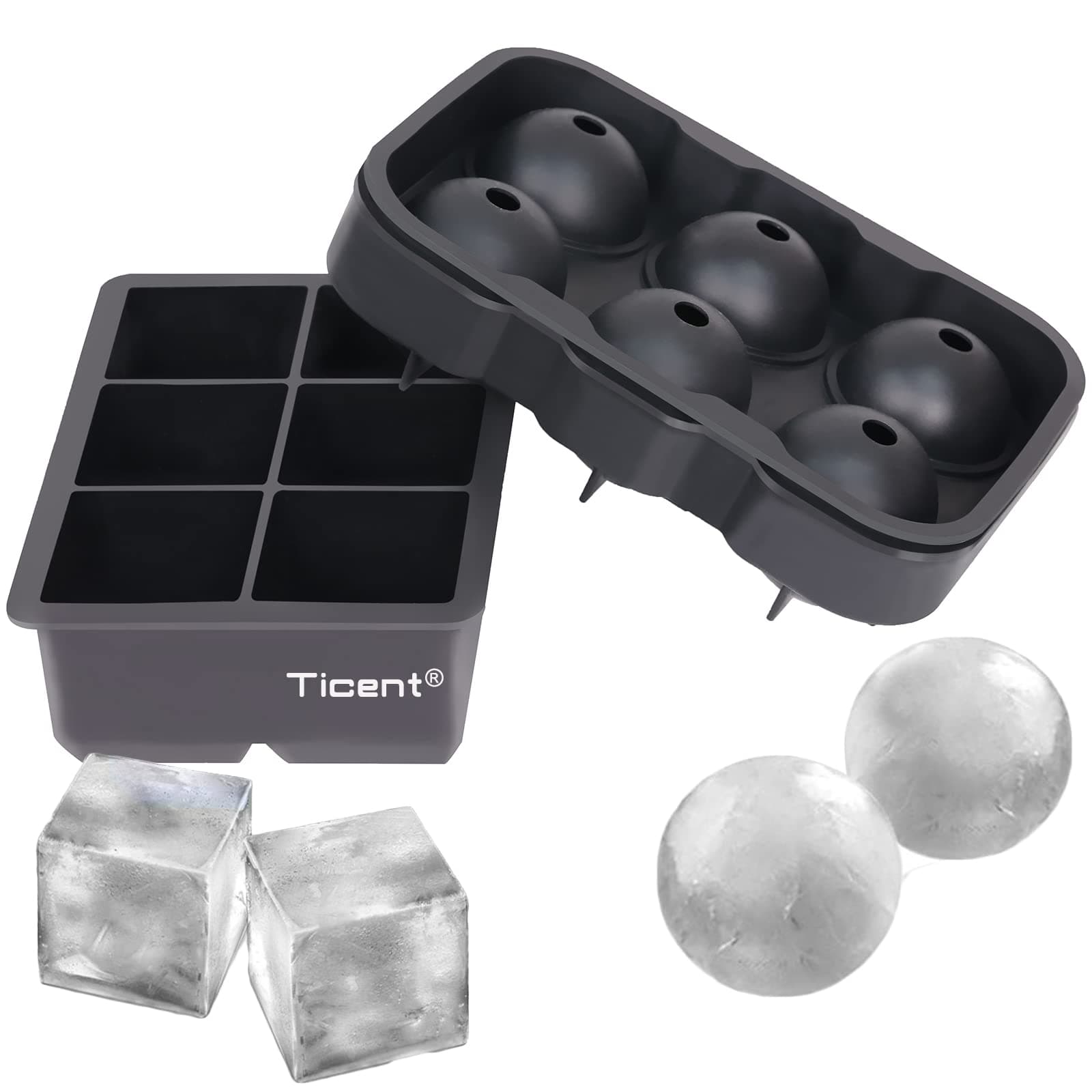 Ticent Ice Cube Trays (Set of 2), Silicone Sphere Whiskey Ice Ball Maker with Lids & Large Square Ice Cube Molds for Cocktails & Bourbon - Reusable & BPA Free Black