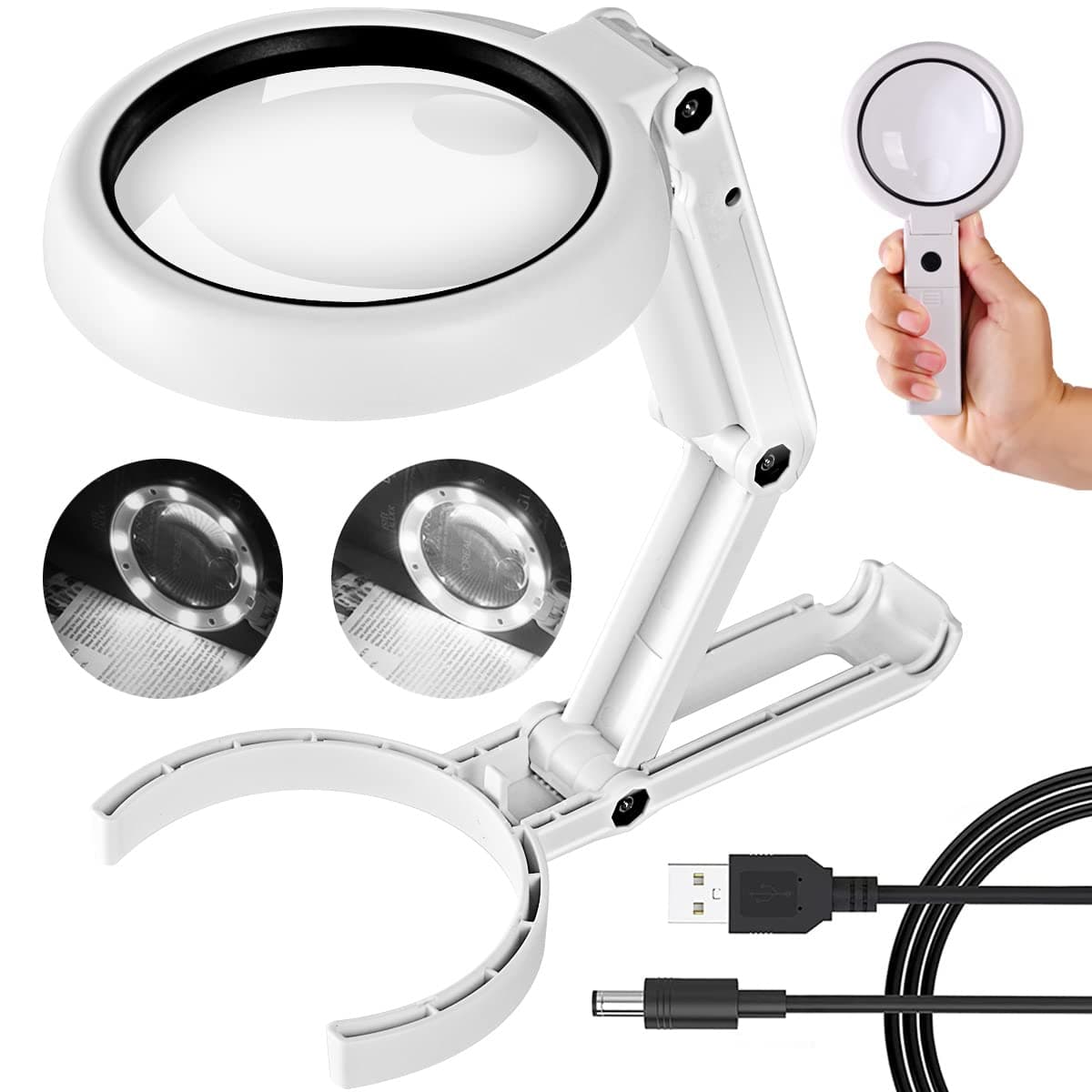 30X 10X Magnifying Glass with Light and Stand, Foldable Handheld Large Magnifying Glass LED Illuminated Magnifier for Seniors Reading, Close Work, Inspection, Coins, Jewelry, Exploring Stand magnifier