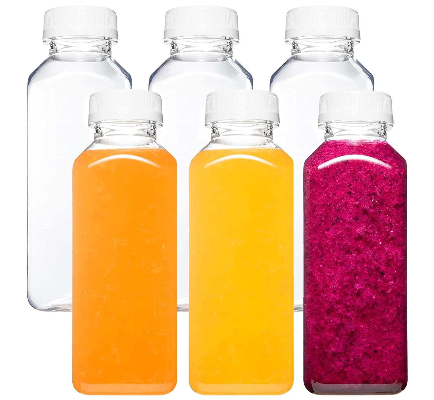 Norcalway 6pcs 12oz Plastic Juice Bottles with Caps, Reusable Juicing Bottles, Clear Drink Containers with Lids for Juicing, Smoothie and Other Beverages 12 OZ / 6 PACK