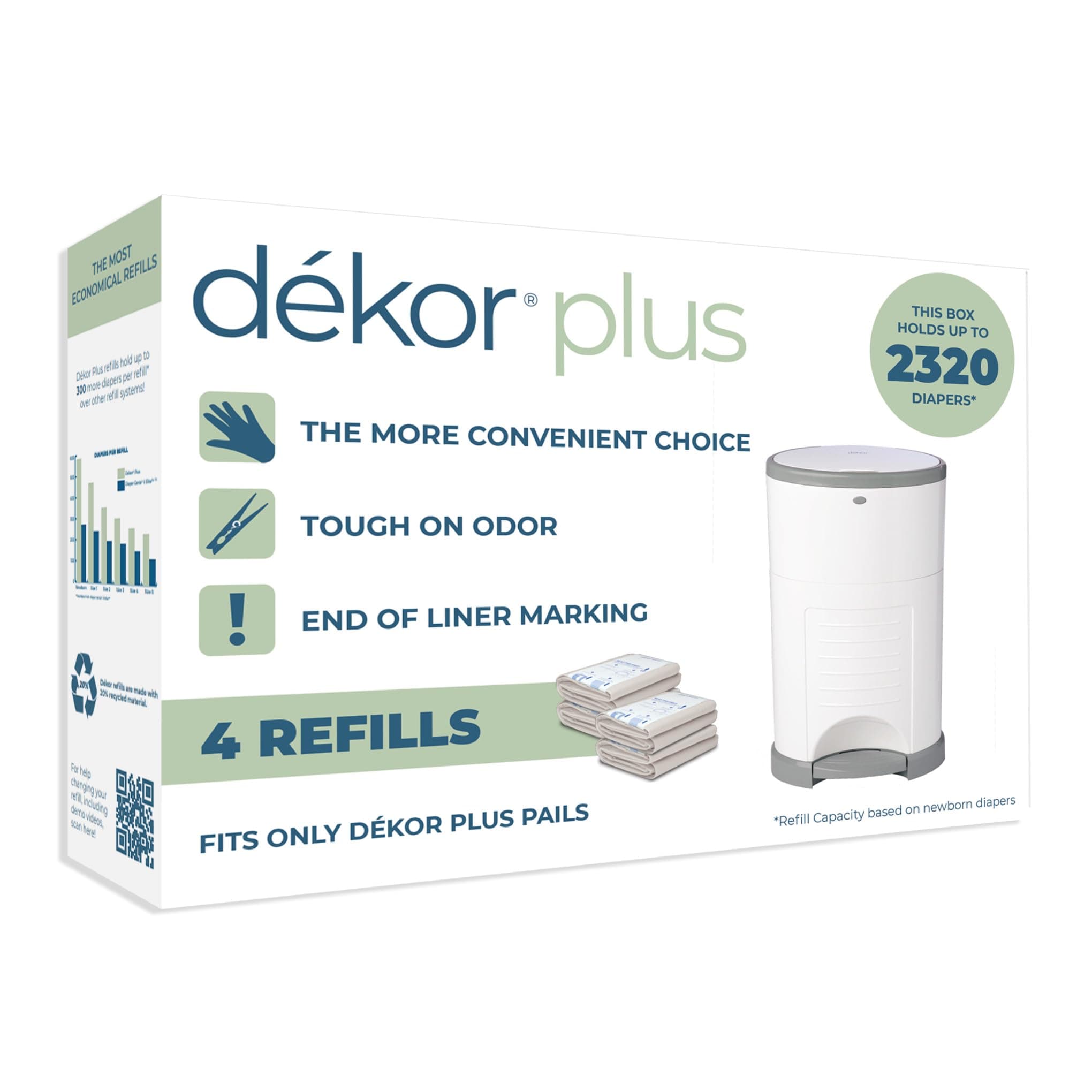 Diaper Dekor Plus Diaper Pail Refills | 4 Count | Most Economical Refill System | Quick & Easy to Replace | No Preset Bag Size Use Only What You Need | Exclusive End-of-Liner Marking 4 Count (Pack of 1) 4 Count