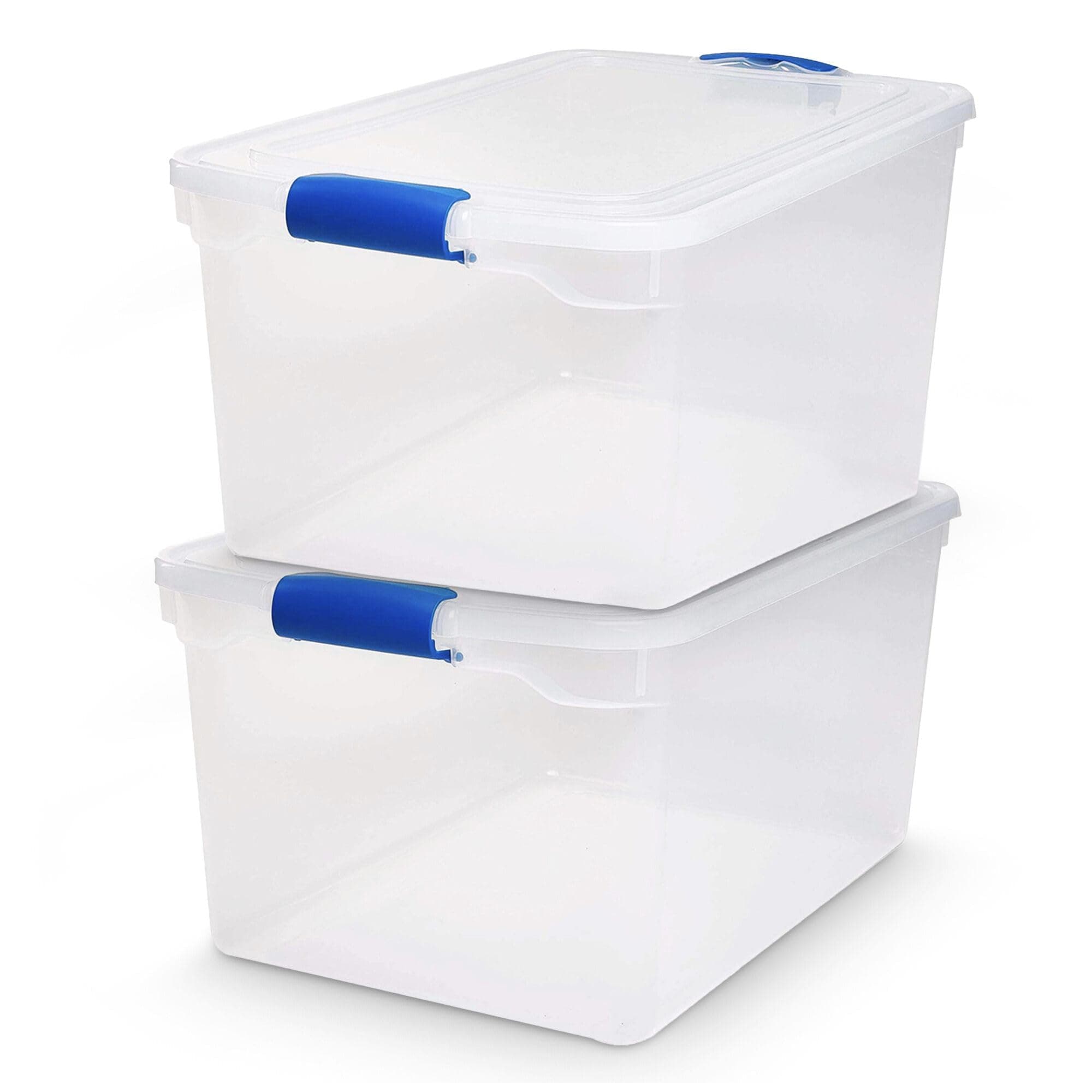 HOMZ 2-Pack Latching Lid, Large Clear Plastic Storage Bins with Lids, 66 Quart, Blue Latch - Stackable Container Boxes for Home, Bathroom, and Office Organization Blue 66 QT (2 Pack)