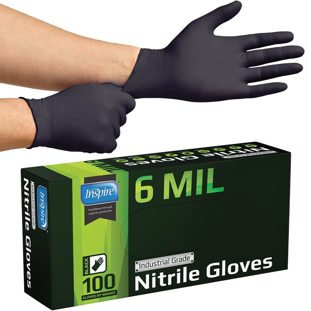 Inspire Black Nitrile Gloves HEAVY DUTY 6 Mil Nitrile Chemical Resistant Medical Cooking Cleaning Disposable Black Gloves Large Black 6mil Box of 100