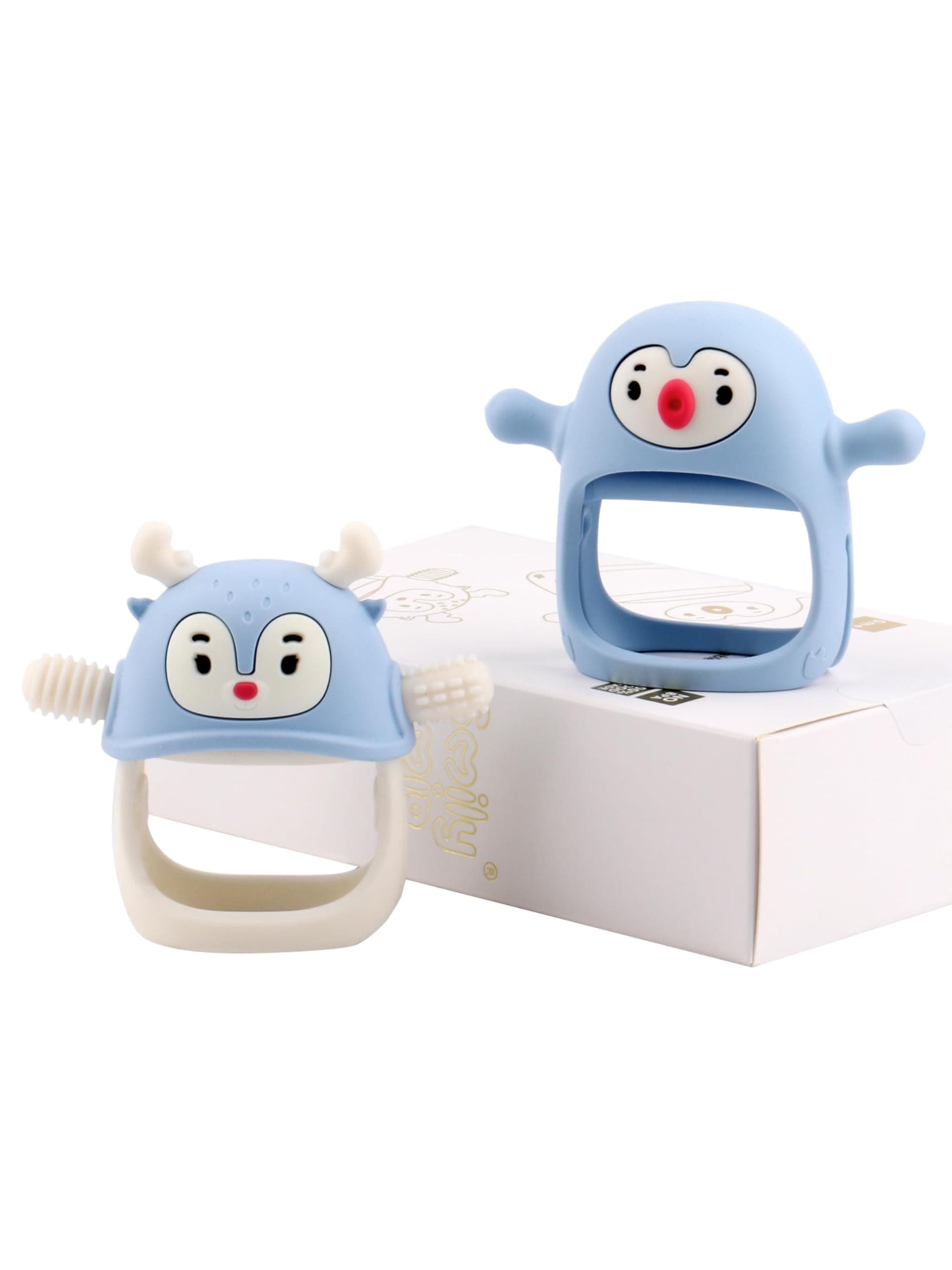 Smily Mia 2 Packs Baby Teething Toy for 0-6 6-12 Months, Food Grade Silicone Teething Mitten, Anti Dropping Wrist Hand Teethers Baby Chew Toys for Sucking&Chewing, BPA Free, Light Blue sky blue