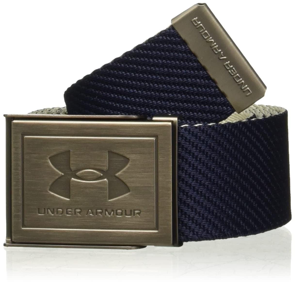 Under Armour mens Webbing Belt One Size Fits Most (410) Midnight Navy / Khaki Base / Silver