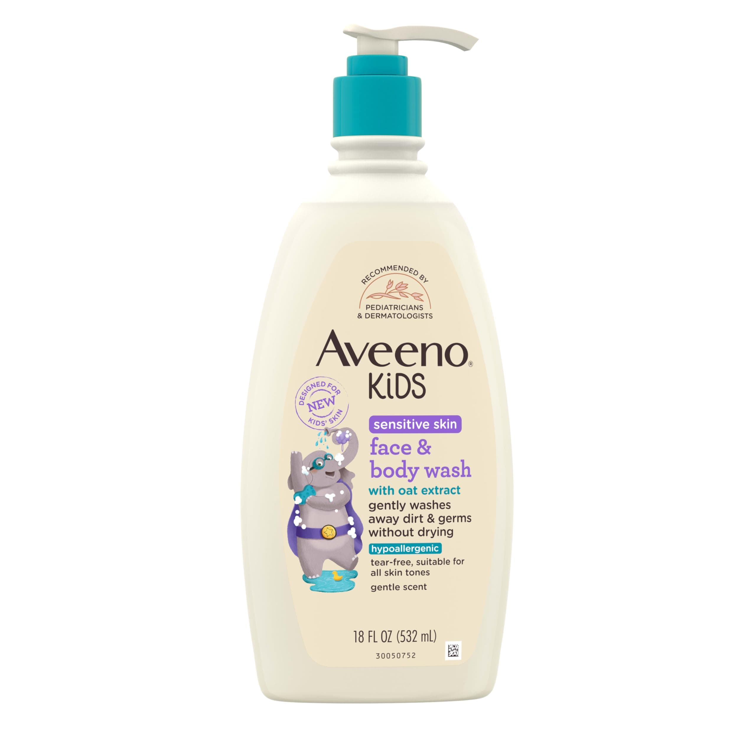 Aveeno Kids Face & Body Wash for Sensitive Skin, Oat Extract, Tear-Free, Non-Drying, Light Scent, Pump Dispenser, Hypoallergenic, Phthalate, Sulfate & Dye Free, 18 fl oz Wash + Gel Cream 18 Fl Oz (Pack of 1)