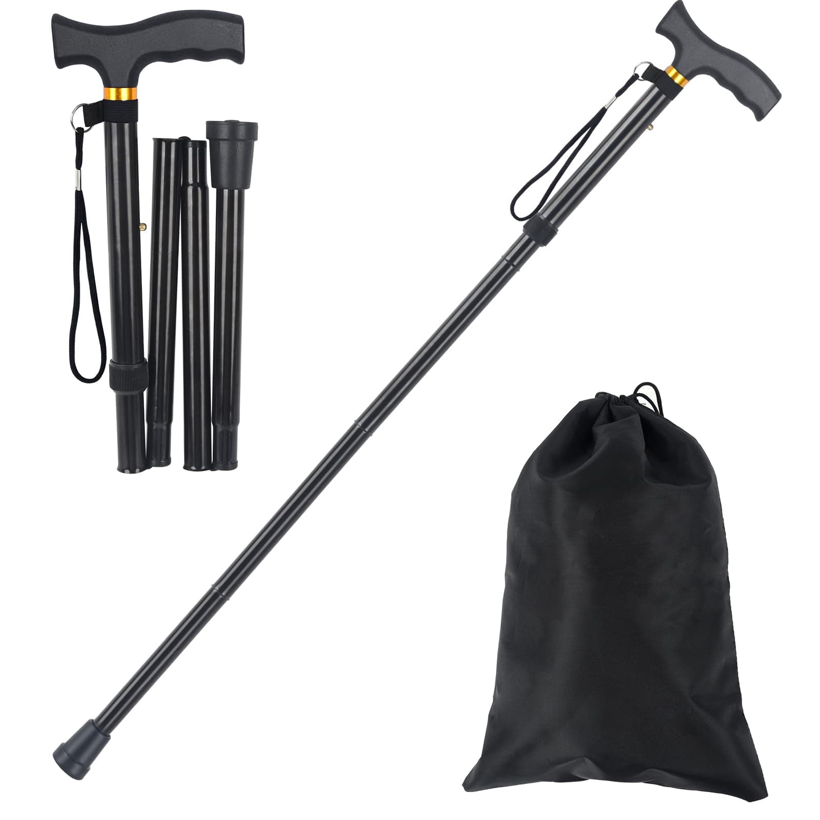 Foldable Walking Cane for Men & Women - Portable Lightweight Cane, Adjustable Height, Anti-Slip Rubber Tip, Includes Storage Bag | Ideal for Seniors & Mobility Aid Users. BLACK1