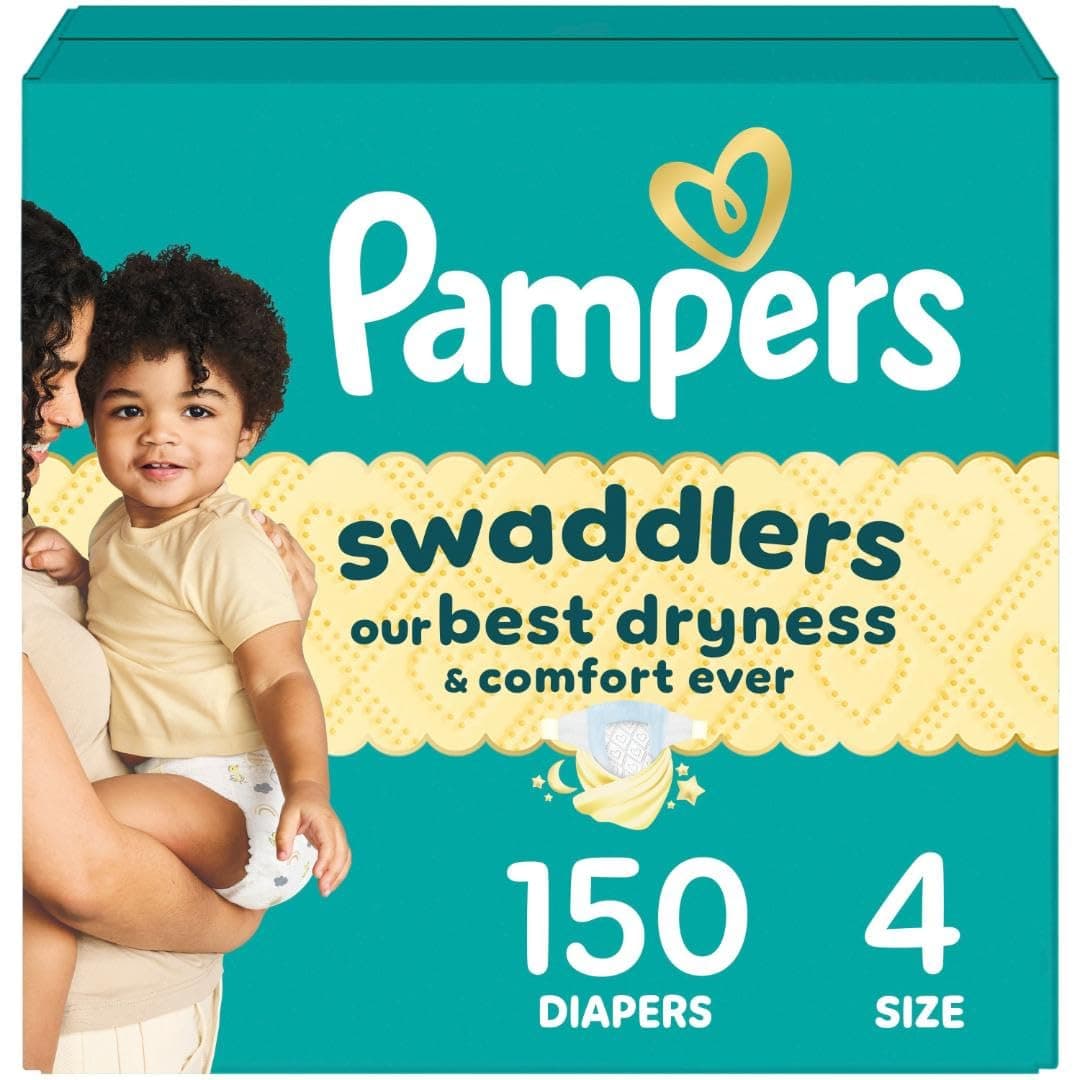 Pampers Swaddlers Diapers, Size 4 (15-34 lbs), 150 Count, Absorbent, Keeps Baby Dry and Comfortable, Skin Safe Disposable Baby Diaper (Packaging May Vary) Size 4 150