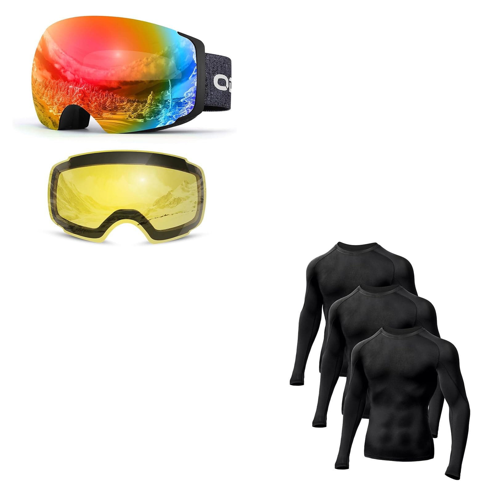 Odoland Bundle - 2 Items Magnetic Interchangeable Ski Goggles with 3 Pack Long Sleeve Compression Shirts
