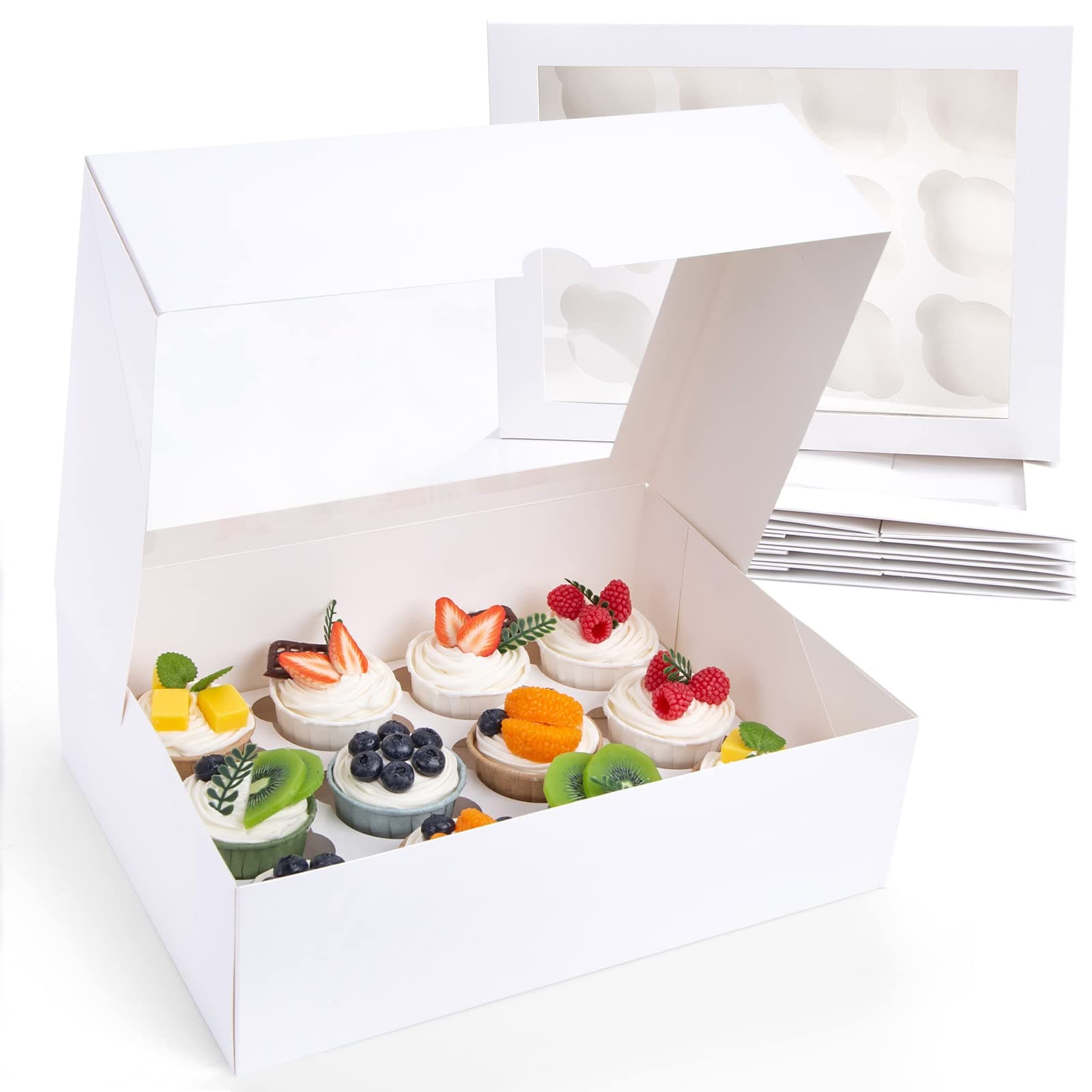 VGOODALL 12 Count Cupcake Boxes, 6PCS Cupcake Container with Window Boxes Holding 72 Pastry Box for Birthday Holiday Party Bakery Supplies 13.2"x9.8"x4" White-1