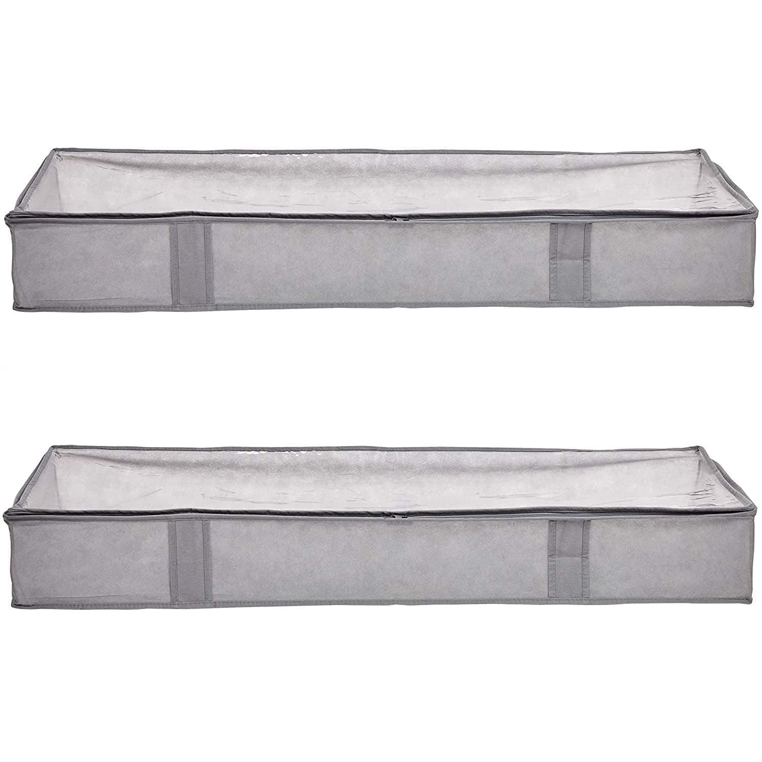 Amazon Basics Under Bed Fabric Zipper Blanket Storage Container Bags with Window and Handles, 2-Pack, 18 x 42 x 6 inches, Gray 18" x 42" x 6" Loop Handles Underbed 2-Pack