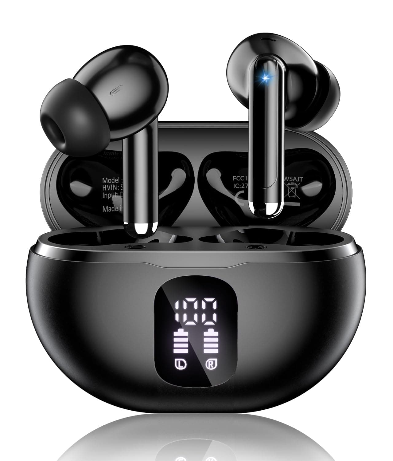 Wireless Earbuds, Bluetooth 5.4 Headphones with 50H Playback, Deep Bass Stereo Ear Buds Clear Calls with LED Power Display, IPX7 Waterproof, in-Ear Earphones with Mic for Phone/Android/iPad, Black