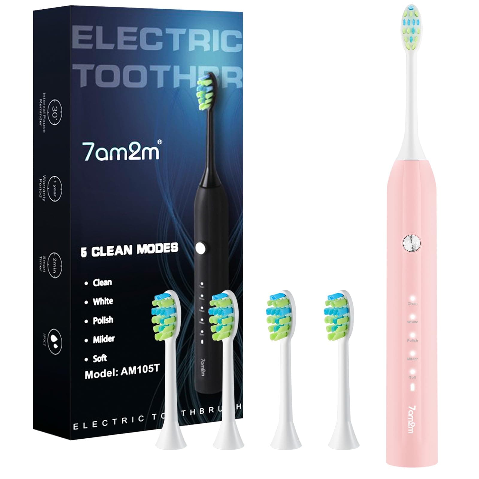 7AM2M Ultrasonic Electric Toothbrush for Adults and Kids, USB-C Rechargeable with 4 Brush Heads & 5 Modes, One Charge for 90 Days, 40000 VPM High-Powered, 2 Minutes Built-in Smart Timer, Pink