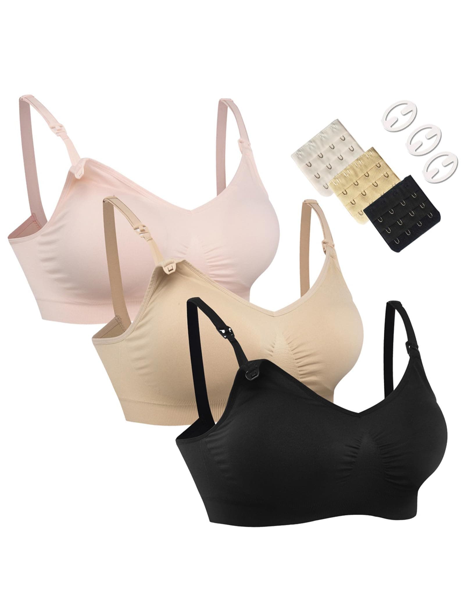 HOFISH 3PACK Full Bust Seamless Nursing Maternity Bras Bralette S-XXL with Extra Bra Extenders & Clips Medium 3pack: Pink/Black/Beige