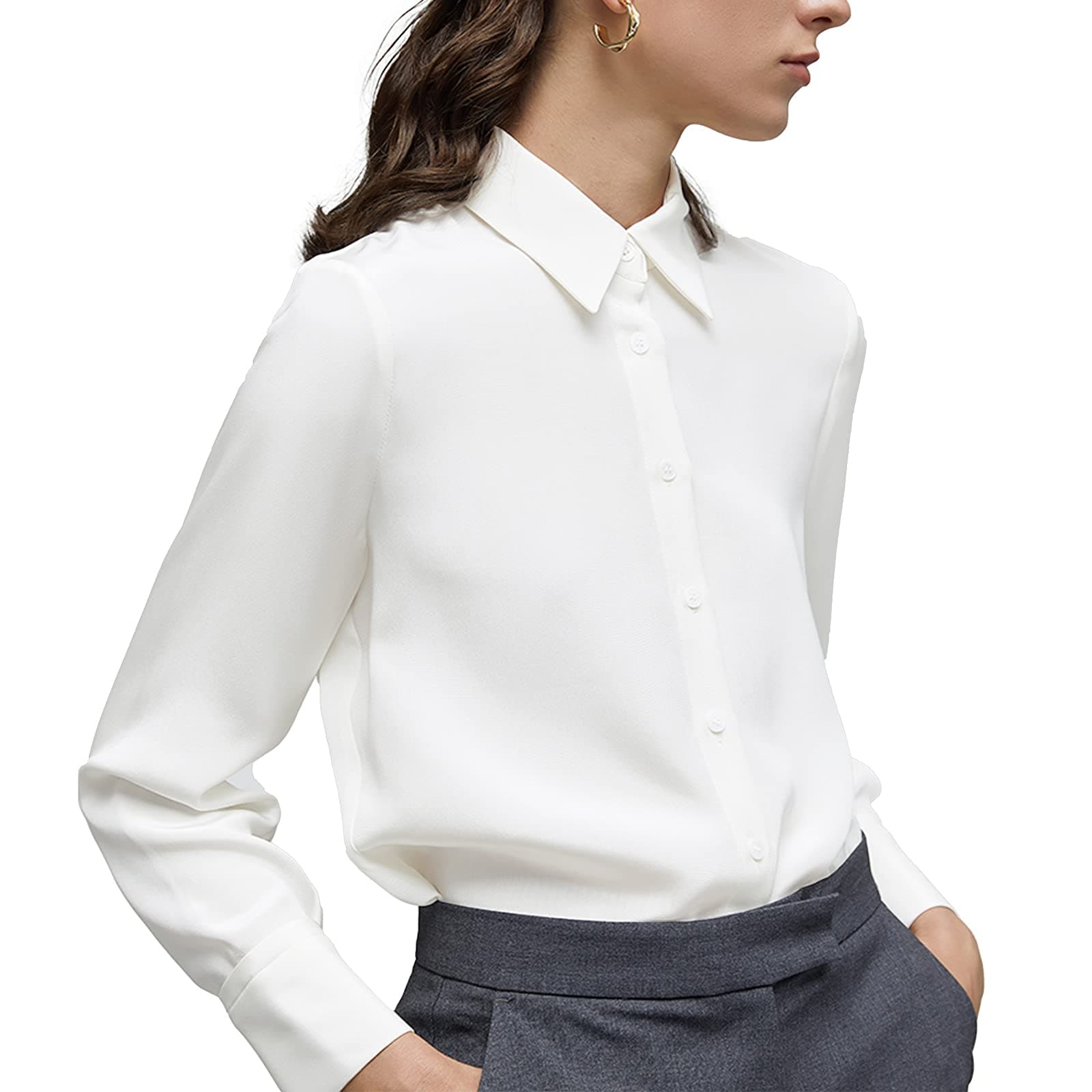Women's Button Down Shirt Classic Long Sleeve Collared Tops Work Office Chiffon Blouse Medium White