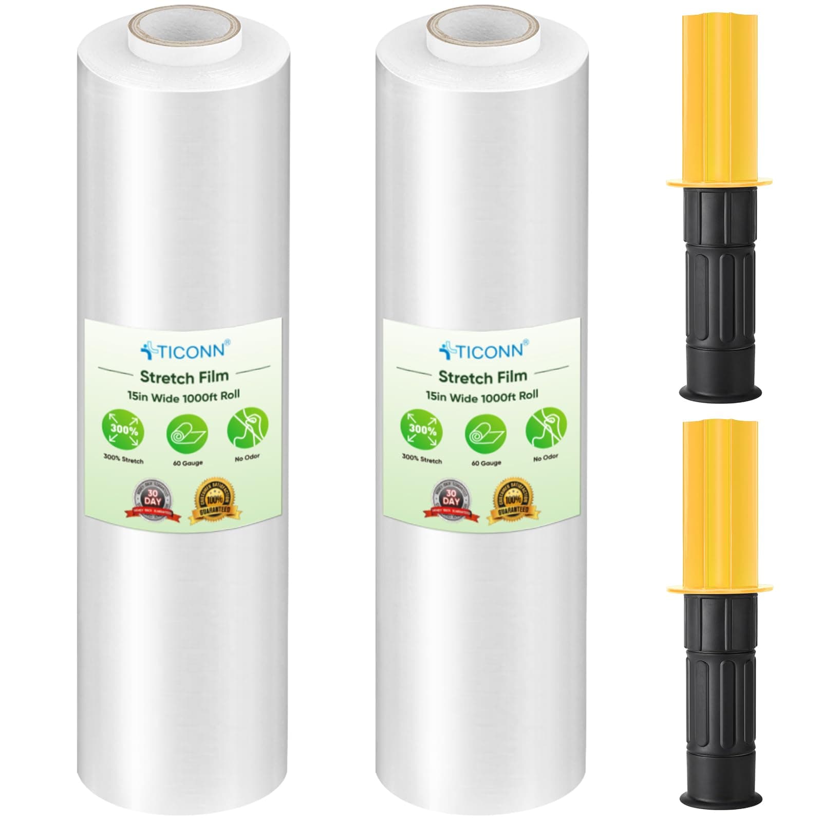 TICONN 2Pk Stretch Wrap Stretch Film Roll, 1000ft Industrial Strength 15 inch Wide Clear Plastic Wrap with Handles for Pallet Wrapping Shipping Moving 15''-2PK