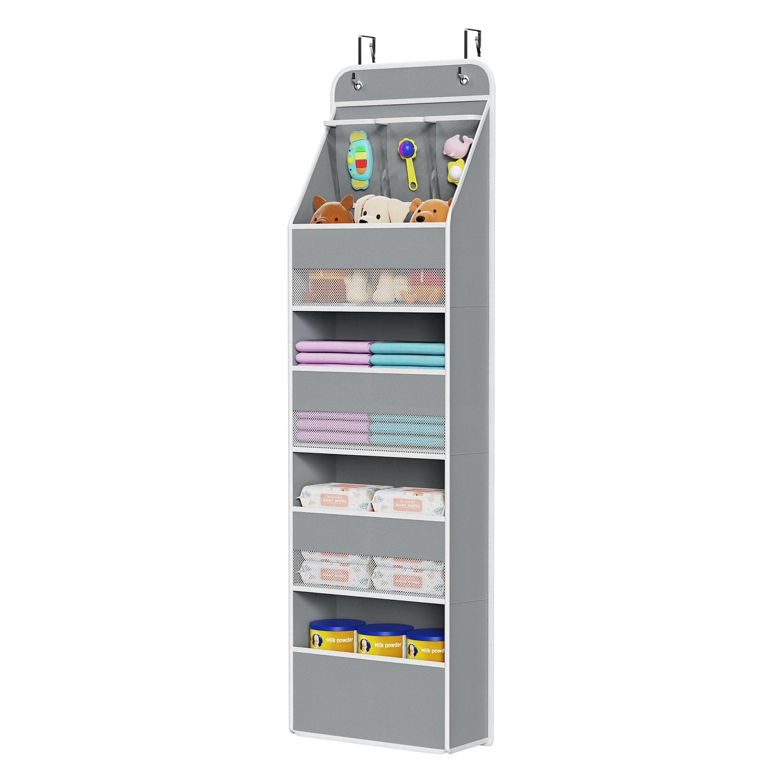 Univivi 5-Shelf Fabric Door Storage Over Door Hanging Organizer with 4 Large Pockets and 3 Small PVC Pockets Nursery Closet Cabinet Wall Mount Hanging Storage Organizers for Baby Nursery (Grey) 5 LAYER Grey