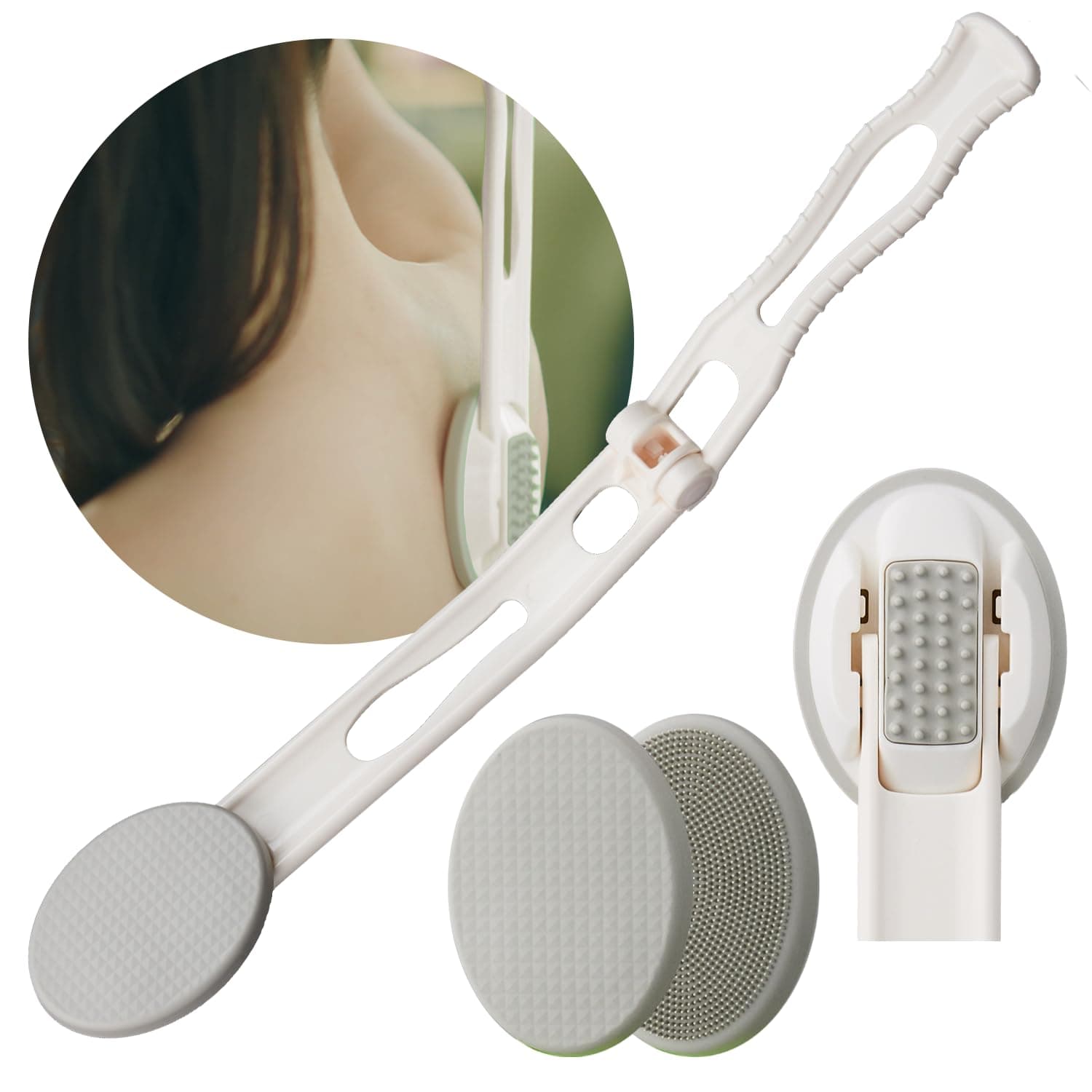 Lotion Applicator for Back - 3in1 Foldable, Cream, Sunscreen, Ointment Applicator, 19" Long Handle, Body Massage Tool - 1 Body Brush Pad, 1 Lotion Pad Included White