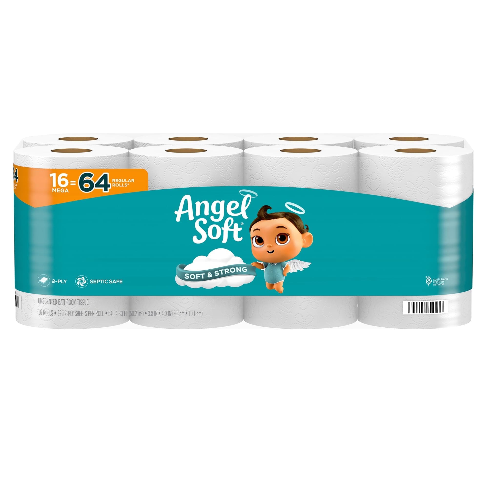 Angel Soft Toilet Paper, 16 Mega Rolls = 64 Regular Rolls, Soft and Strong Toilet Tissue 20 sheet (Pack of 16)