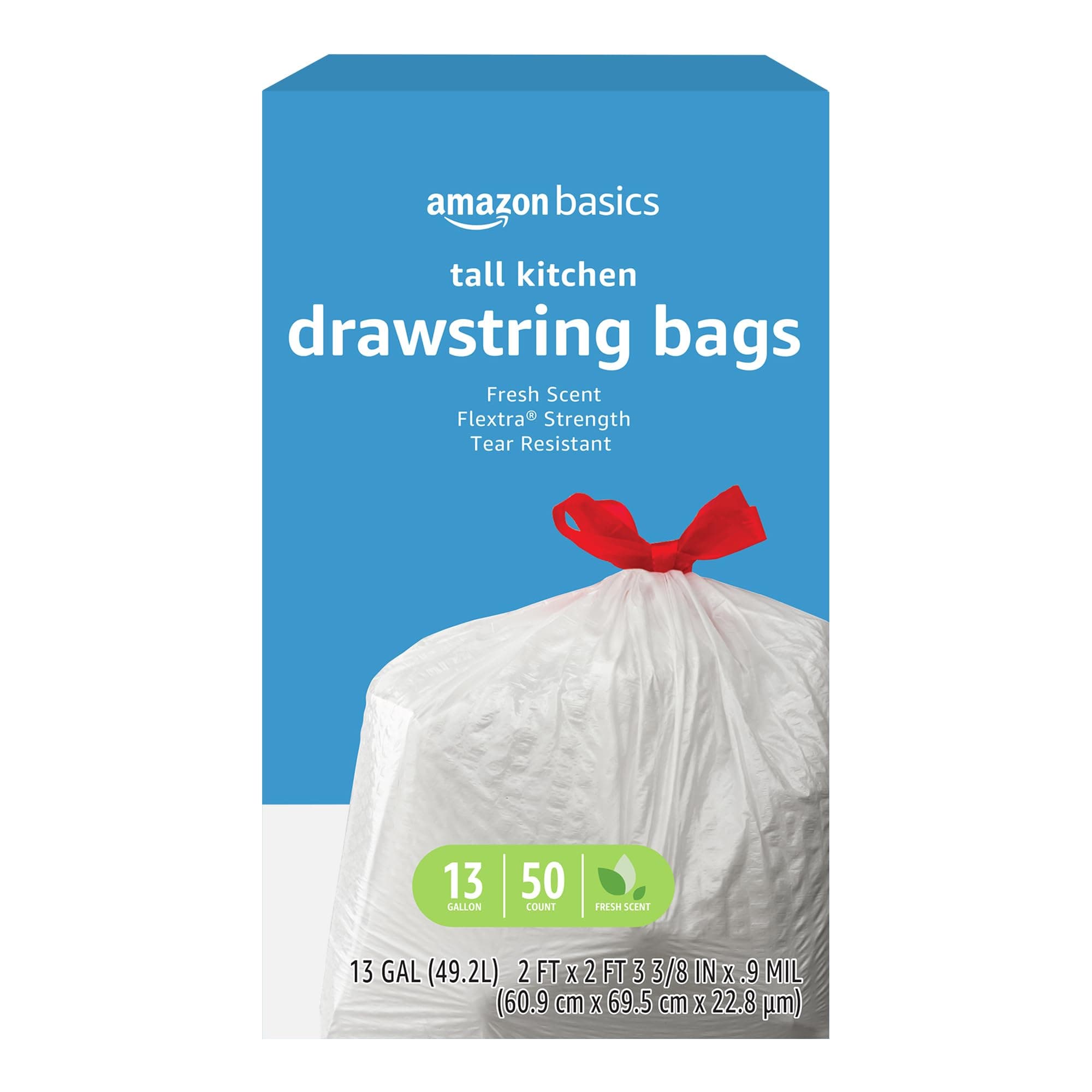Amazon Basics Flextra Tall Kitchen Drawstring Trash Bags, Fresh Scent, Tear Resistant, 13 Gallon, 50 Count, Pack of 1 50 Count (Pack of 1)