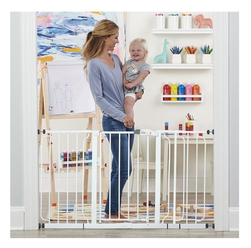 Regalo 56-Inch Extra WideSpan Walk Through Baby Gate, Includes 4-Inch, 8-Inch and 12-Inch Extension, 8 Piece Set - 4 Pack of Pressure Mounts and 4 Pack of Wall Cups and Mounting Kit, White White 29-56"W x 30"H