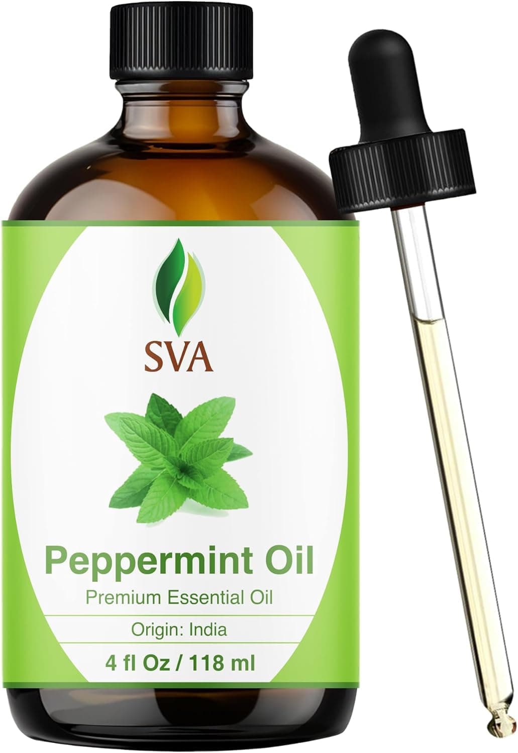SVA Peppermint Essential Oil – 4 Fl Oz – 100% Natural Peppermint Oil - for Diffuser, Hair Care, Face, Skin Care, Aromatherapy, Scalp and Body Massage, Soap and Candle Making - with Dropper Peppermint 4 Fl Oz (Pack of 1)