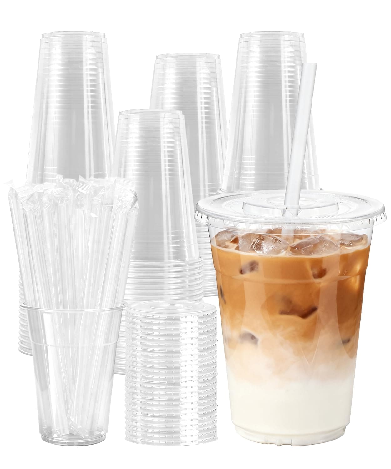 100 Pack - 16 oz Clear Plastic Cups with Lids and Straws,Sturdy & Food Safe Iced Coffee Cups with lids,Disposable Plastic Smoothie Cups for Cold Drinks, Iced Coffee, Milkshake- BPA free