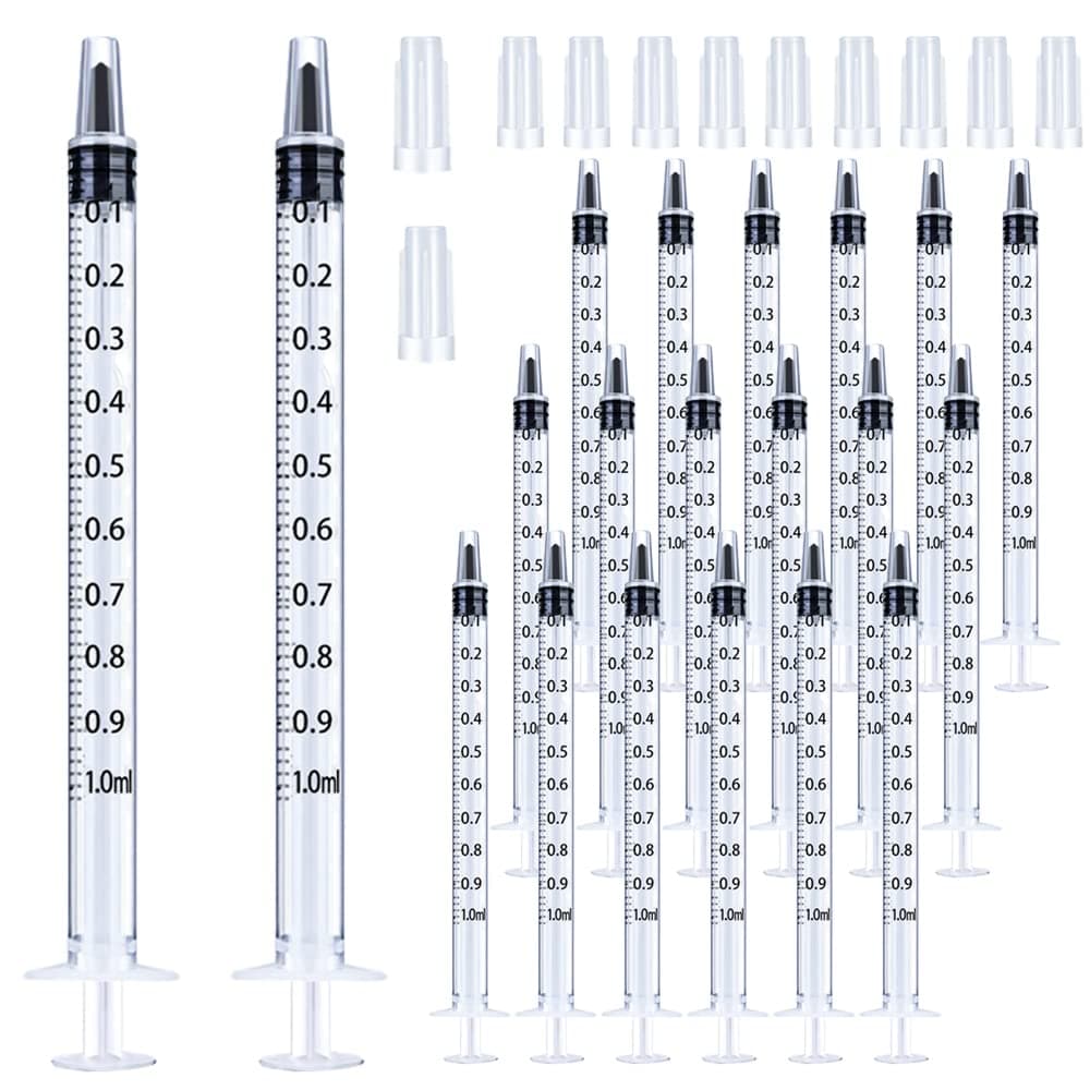 20 Pack 1ml Syringe with Cap for Liquid, 1cc Plastic Small Syringes with Cover, Non-Sterile, No Needle 1 ML 20.0