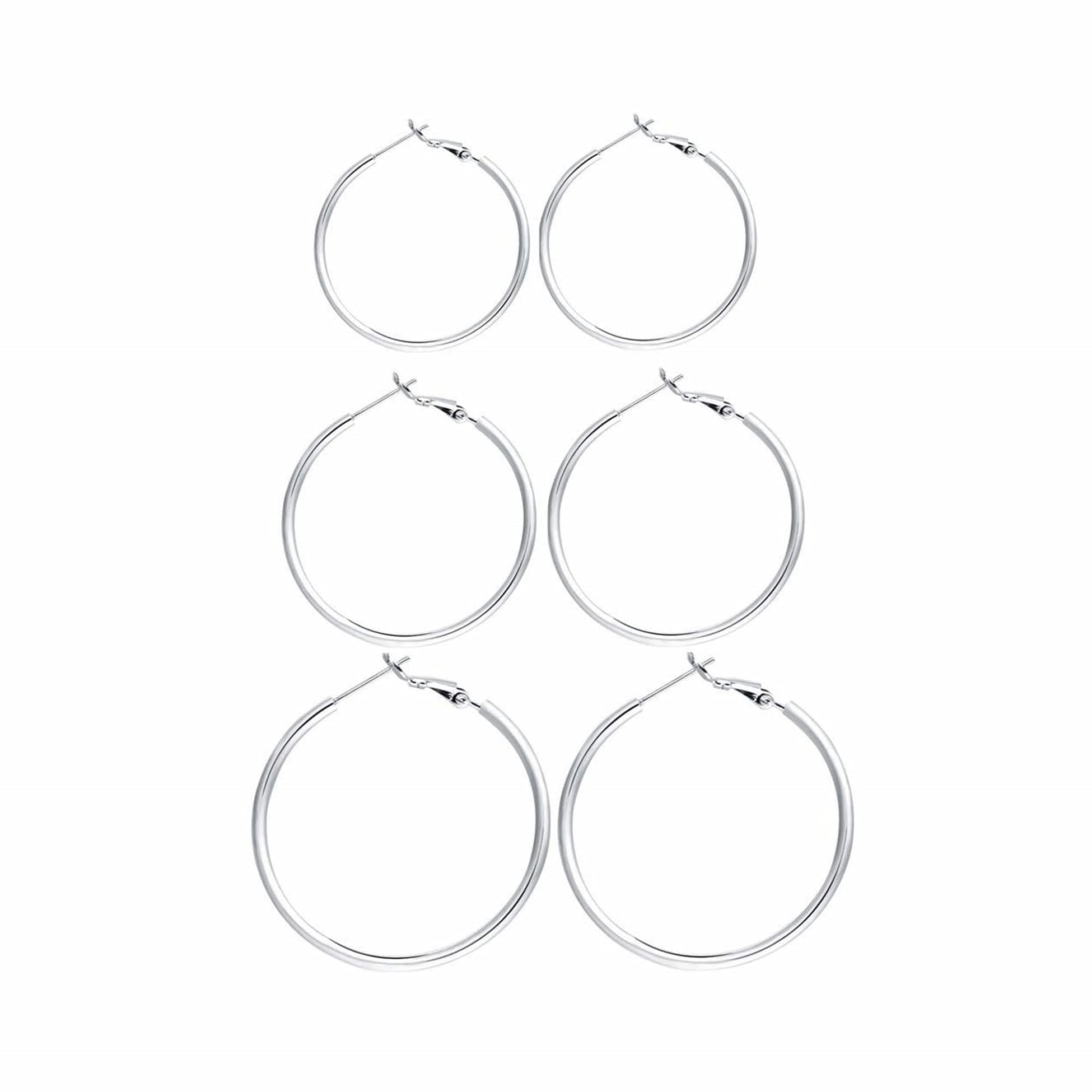 3 Pairs Sterling Silver Hoop Earrings, 14K White Gold Plated Big Hoop Earrings Set for Women 40 50 60MM A:Silver 40mm 50mm 60mm