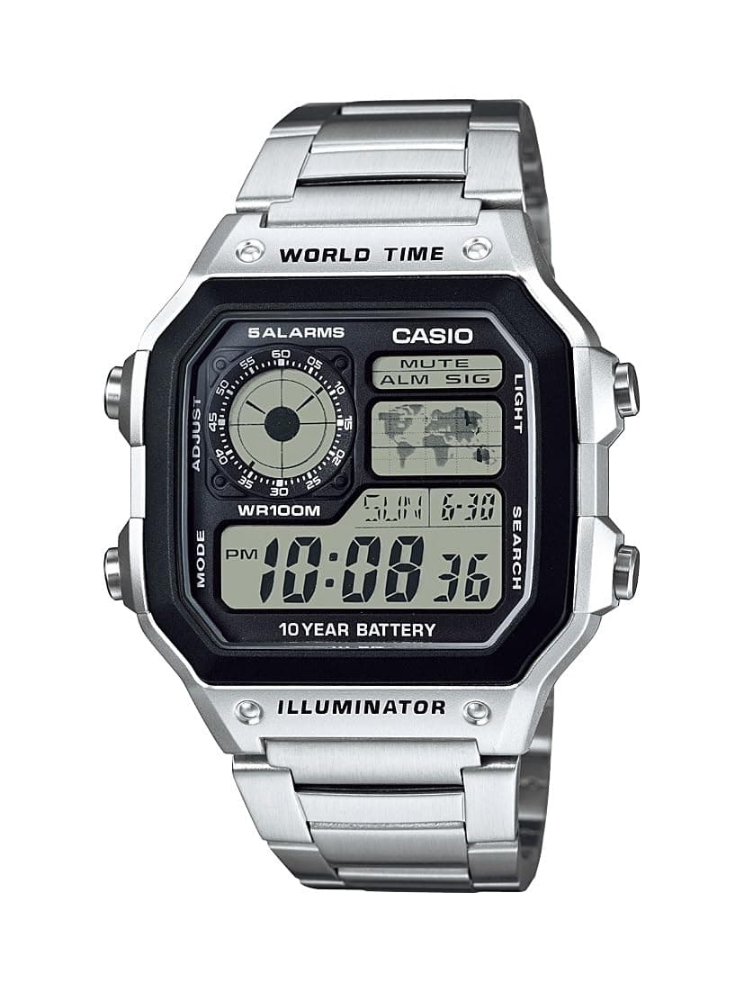 Casio AE1200WH Series | Men’s Digital Watch | 100M WR | Multi Alarms | 100 SEC Stopwatch | Countdown Timer | World Map for World Time | LED Light | LC Analog Display | 10 Year Battery Silve AE1200WHD-1A