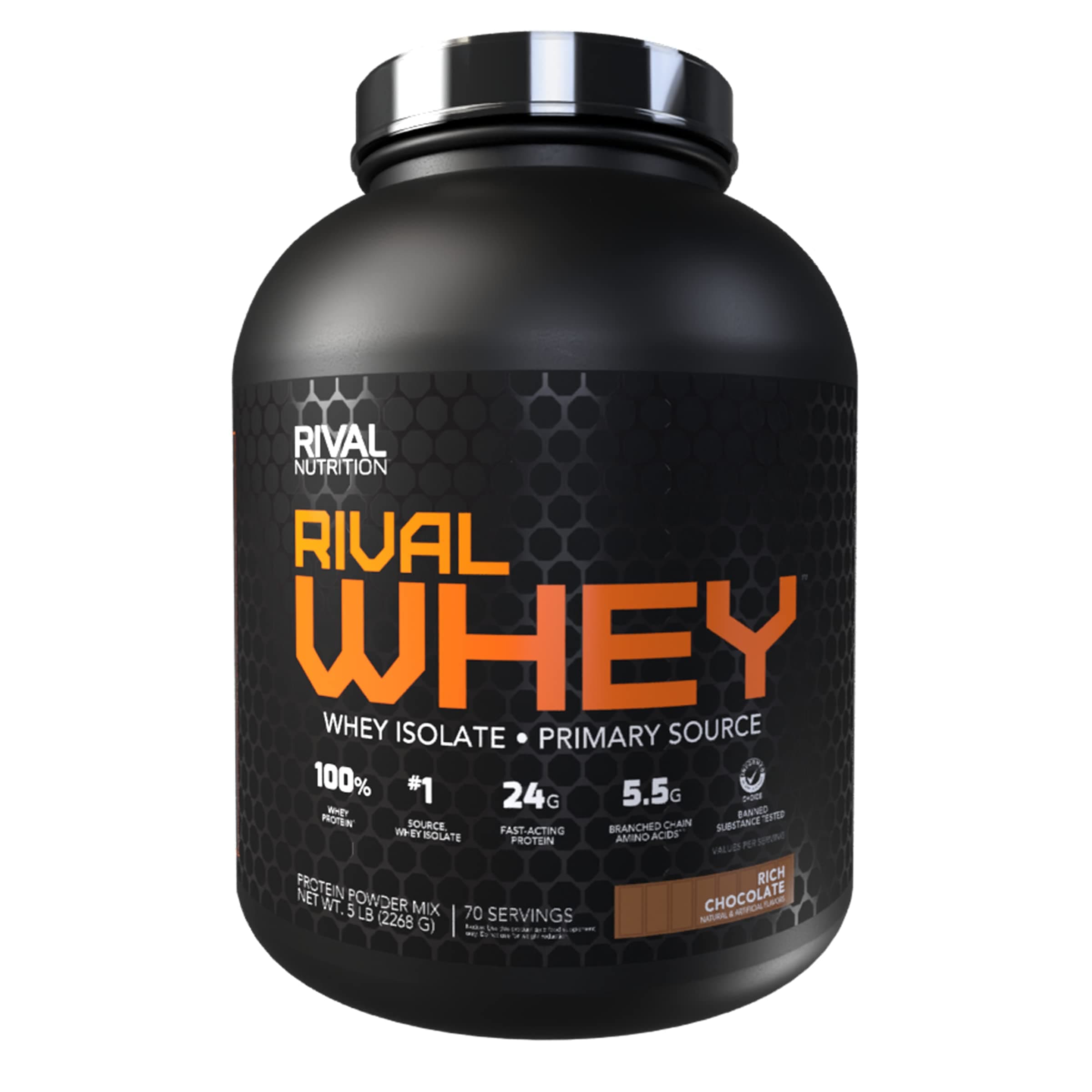 RIVAL NUTRITION RIVAL NUTRITION Rival Whey – 5LB Rich Chocolate – Whey Isolate Primary Source Protein Powder | 24g Protein for Muscle Gain - 70 Servings Rich Chocolate 5 Pound (Pack of 1)