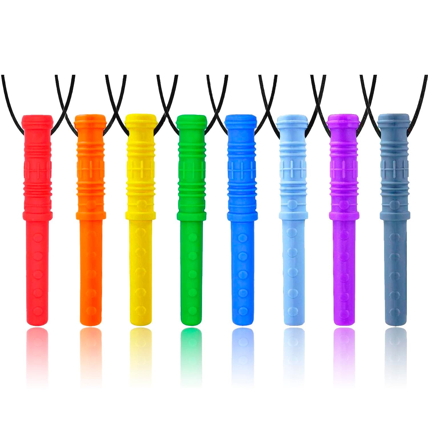 Sensory Chew Necklace by GNAWRISHING, 8 Pack Cylinder Chew Necklaces for Sensory Kids, Made from Food Grade Silicone for for Autistic, ADHD, Oral Motor Boys and Girls Children (Rainbow Color) Red,Blue,Orange,Yellow, Green, Gray, Baby Blue, Purple