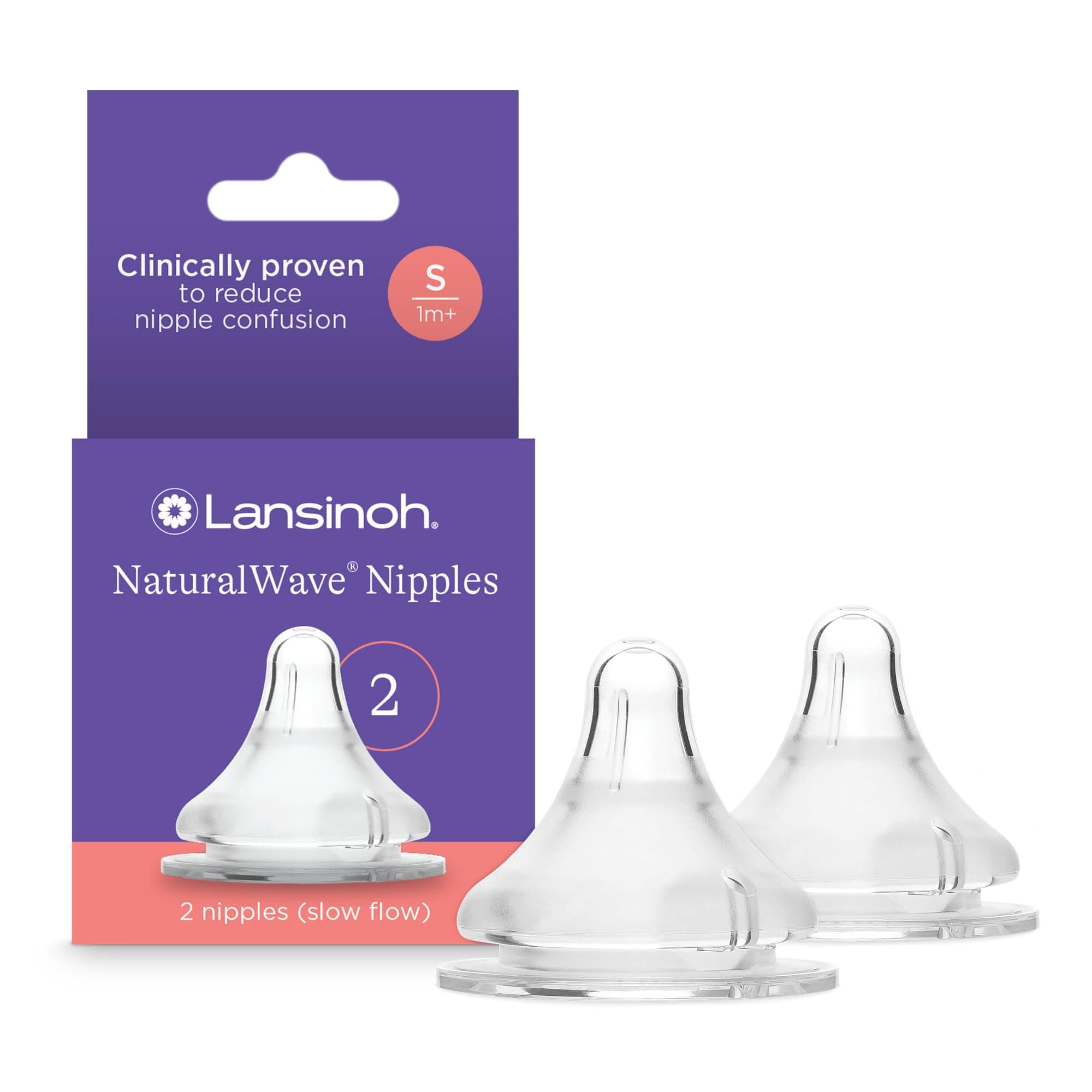Lansinoh NaturalWave Baby Bottle Nipples – 100% Soft, Durable Silicone, Made Without BPA BPS, Anti-Colic, Supports Baby’s Developing Mouth and Teeth, Slow Flow, Size S, 2 Count, 1+ Month 2 Count (Pack of 1) Slow-Flow