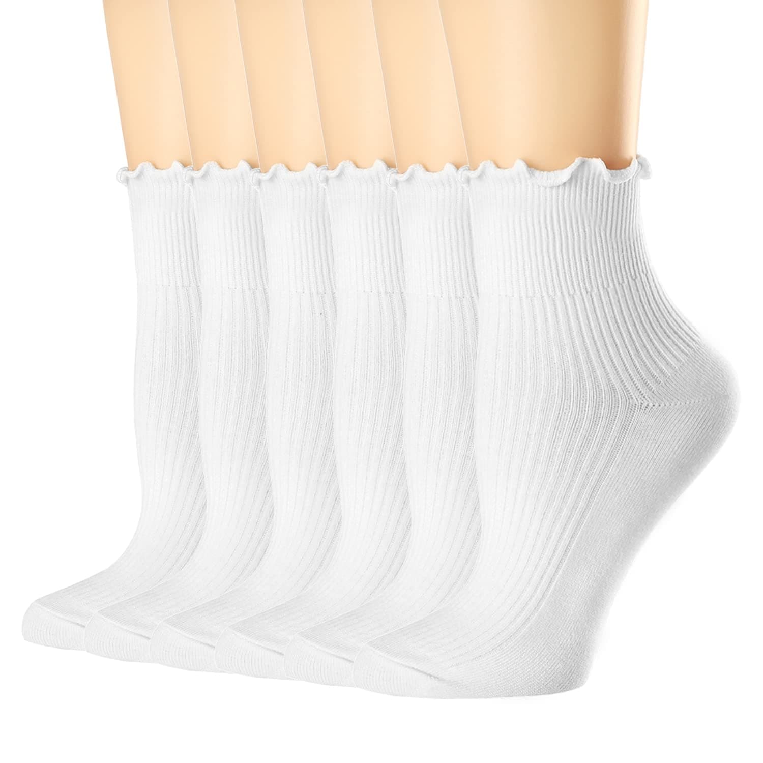Mcool Mary Womens Ruffle Socks, Cute Ankle Winter Warm Knit Cotton Frilly Sock 6 Pack 5-9 6-pairs(white)_ankle Socks