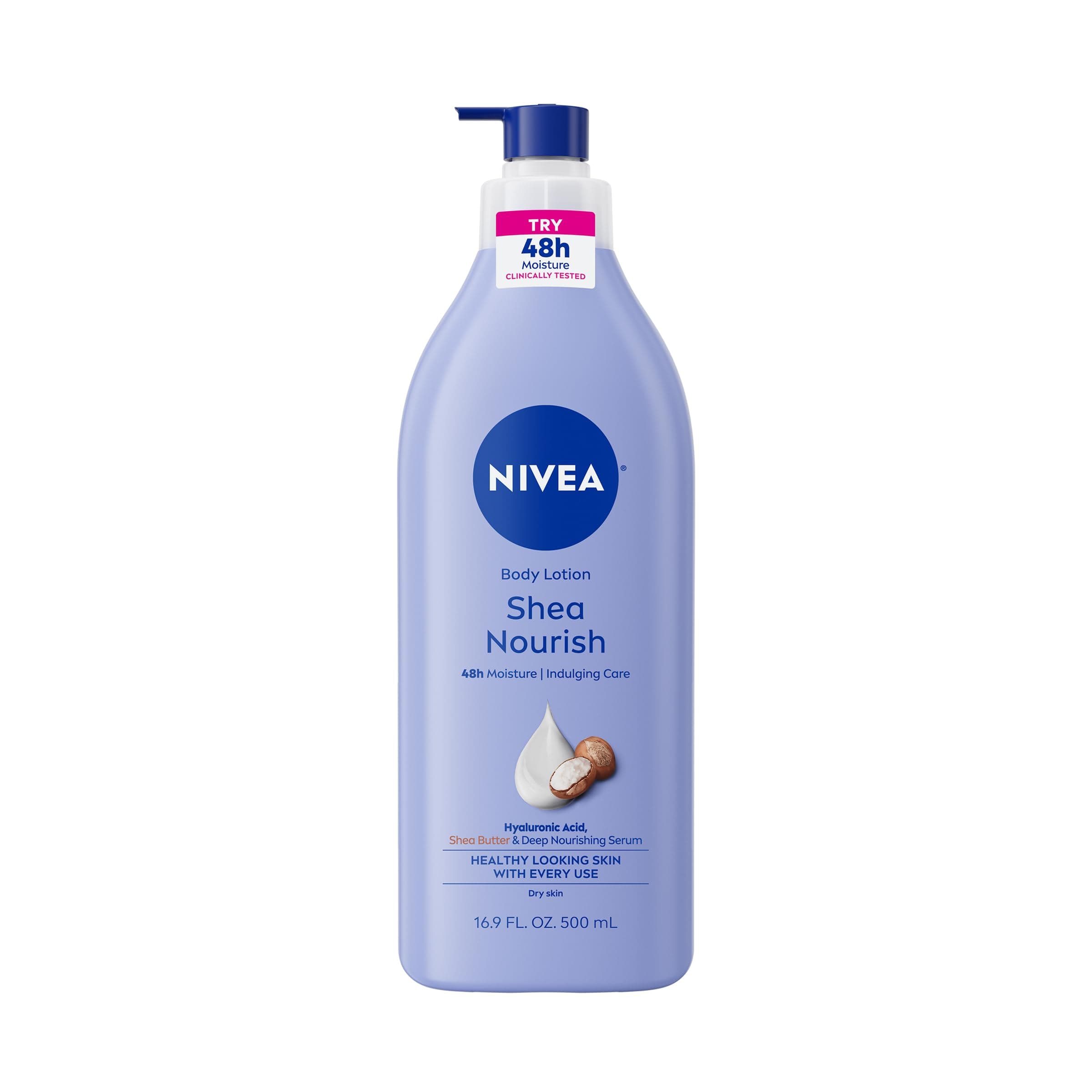 NIVEA Shea Nourish Body Lotion for Dry Skin with Hyaluronic Acid, Shea Butter and Deep Nourishing Serum, 48-Hour Body Moisturizer, 16.9 Fl Oz Pump Bottle 16.9 Fl Oz (Pack of 1)