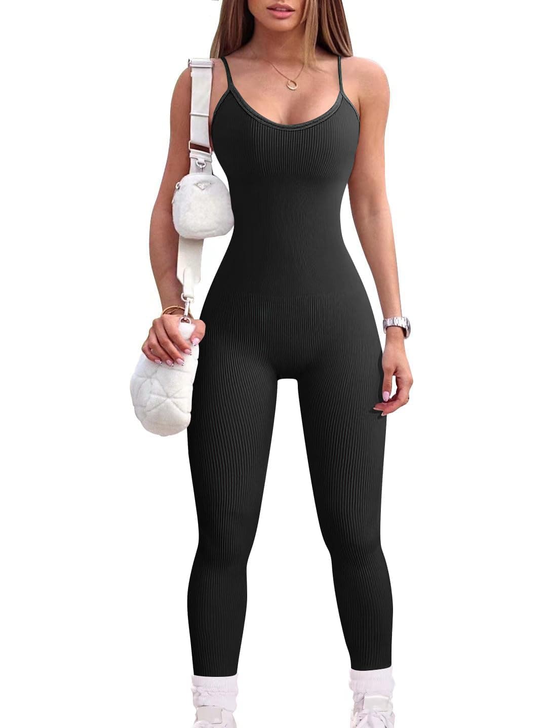 Women Workout Seamless Jumpsuit Yoga Ribbed Bodycon One Piece Spaghetti Strap Leggings Romper Medium 01black