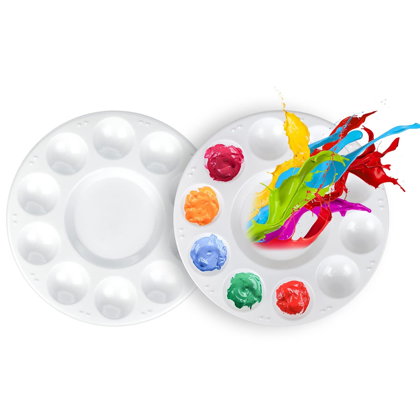 FANDAMEI Paint Palette, Paint Trays for Kids, Paint Pallets with 10 Wells for Adults & Kids, Round Paint Tray Palettes, Plastic Paint Tray Palette, for Painting or DIY Craft Class, White, 2 PCS
