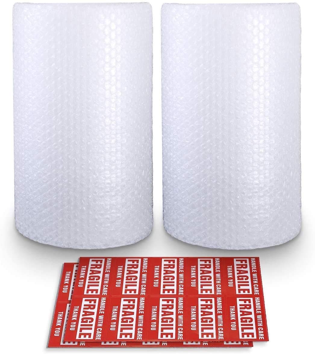 Bubble Cushioning Wrap Roll 2 Pack 3/16" Air Bubble 12 Inch x 74 Feet Total, Perforated Every 12 Inch with 20pcs Fragile Stickers Packing Supplies for Heavy-Duty Moving Shipping Clear