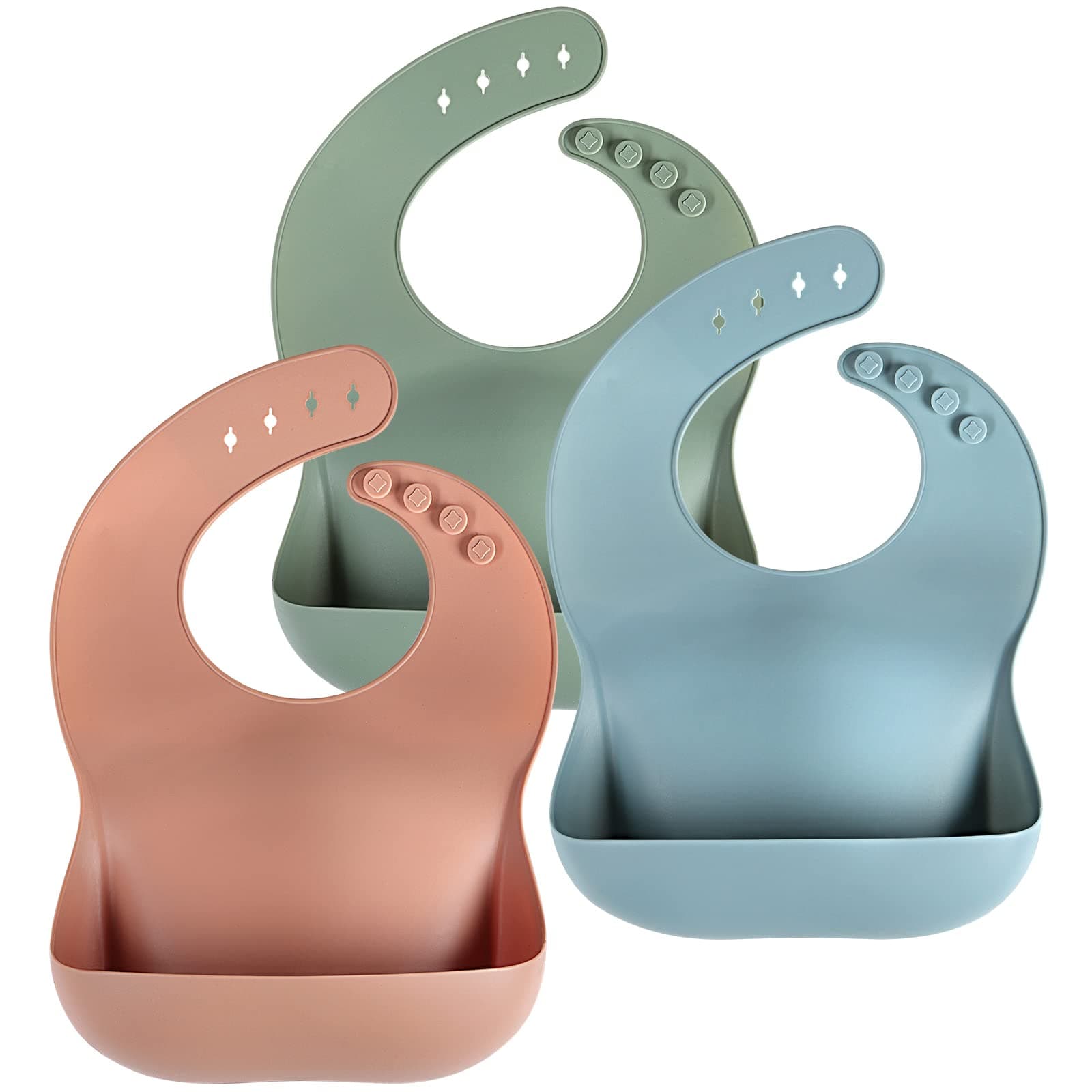 Silicone Bibs for Babies Toddler Set of 3, BPA Free, Soft Adjustable Waterproof Bibs for Feeding Essentials Green