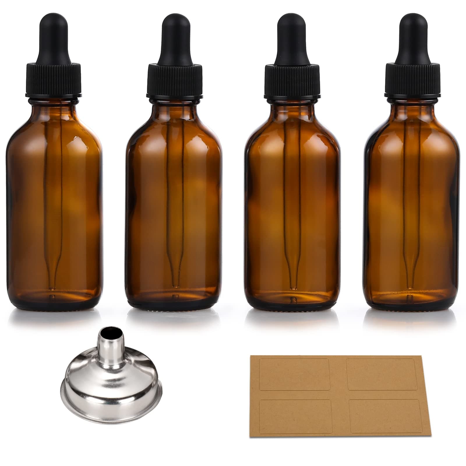 4 Pack, 1 oz Thick Dark Amber Glass Dropper Bottles with 1 Funnels & 4 Labels - 30ml Tincture Bottles with Eye Dropper - Leakproof Essential Oils Bottle - Storage and Travel for Beauty or Health Blank Dropper
