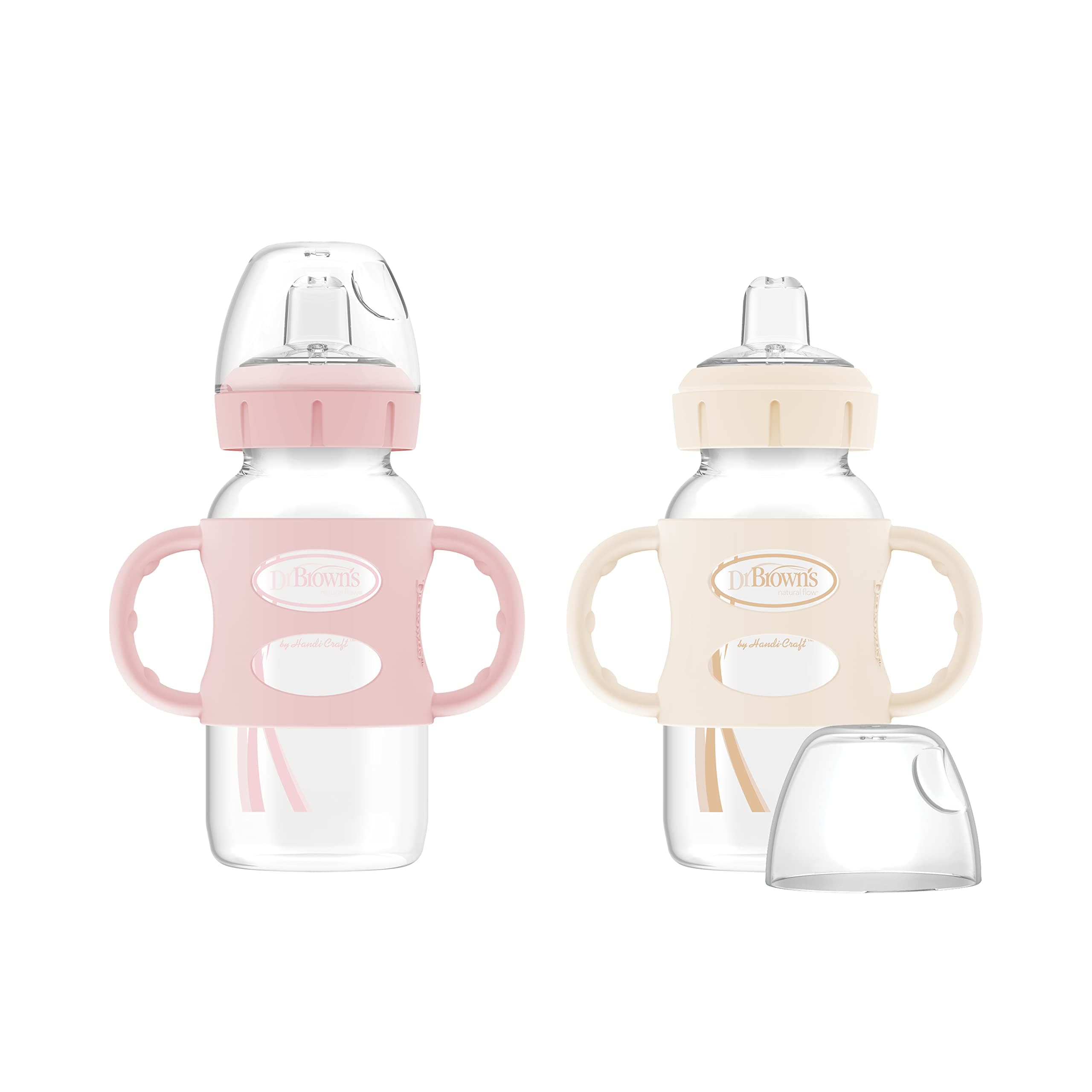Dr. Brown's Milestones Wide-Neck Sippy Spout Bottle with 100% Silicone Handles, Easy-Grip Handles with Soft Sippy Spout, 9oz/270mL, Light-Pink & Ecru, 2-Pack, 6m+ 2 Pack, Light Pink & Ecru 1 Count (Pack of 2)