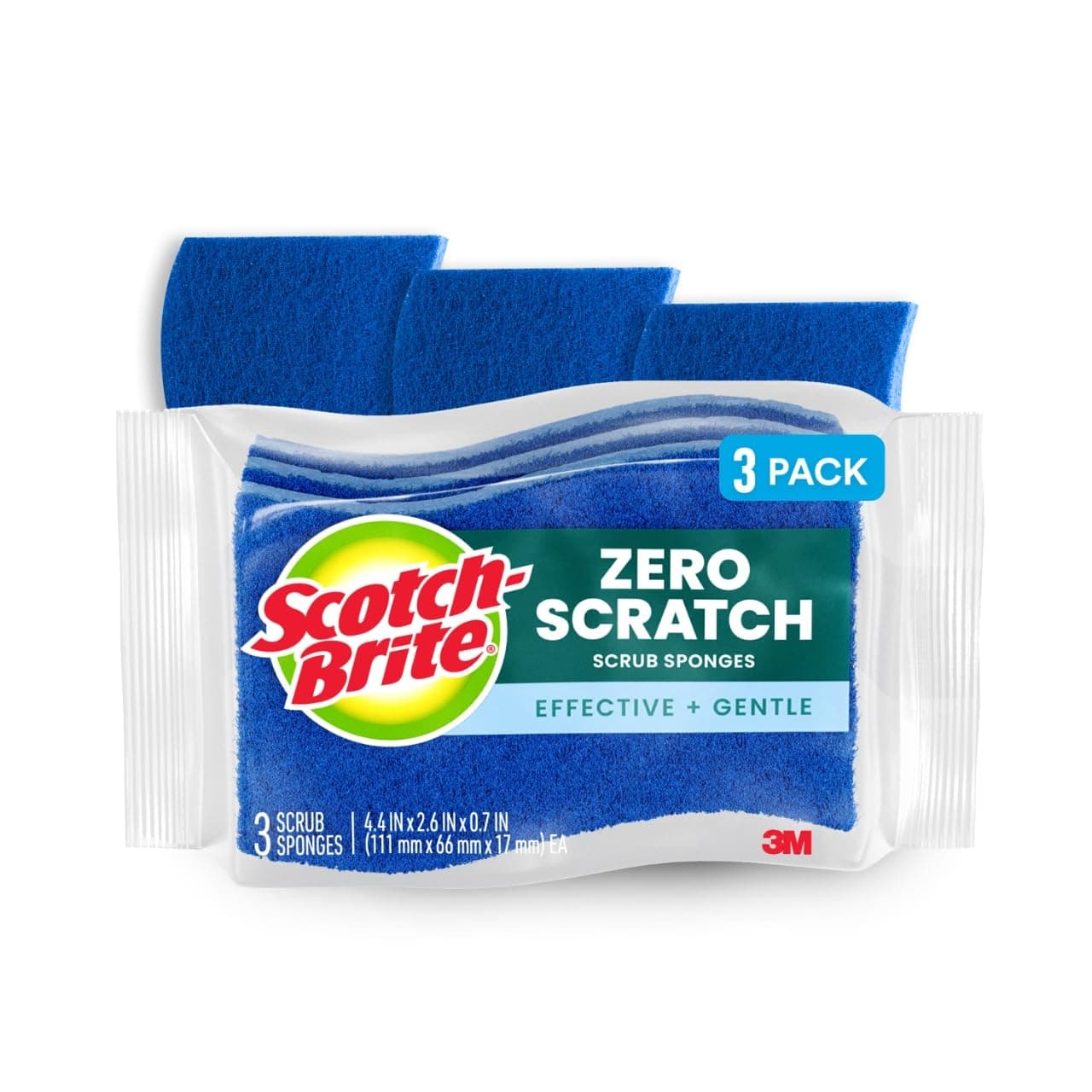 Scotch-Brite Zero Scratch Scrub Sponge, 3 Kitchen Sponges for Cleaning Around the Home, Bathroom & More, Effective + Gentle Dish Scrubber, Best for Nonstick Pots and Pans, Safe on Most Surfaces 3 Count (Pack of 1)