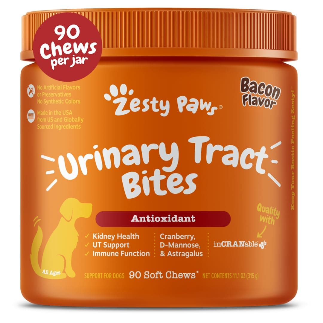 Zesty Paws Cranberry Supplement for Dogs - Bladder Control for Dogs - Urinary Tract Support - Cranberry Chews with D-Mannose, Vitamin B6 & L-Arginine - Immune & Gut Support - Bacon - 90 Count Bacon Urinary Tract