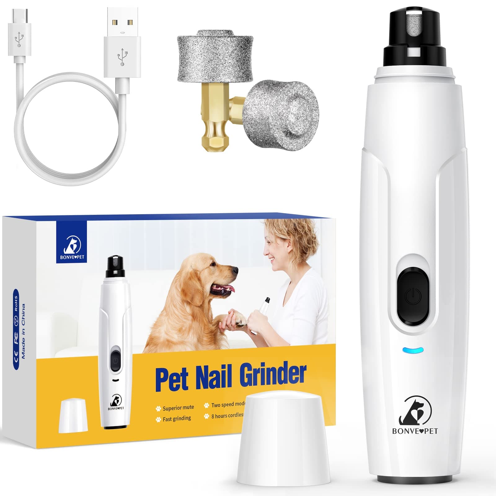 Bonve Pet Nail Grinder for Dogs - Upgraded Dog Nail Trimmers Super Quiet, 2 Speeds, Rechargeable, 2 Grinding Wheels for Small Large Dogs & Cats White