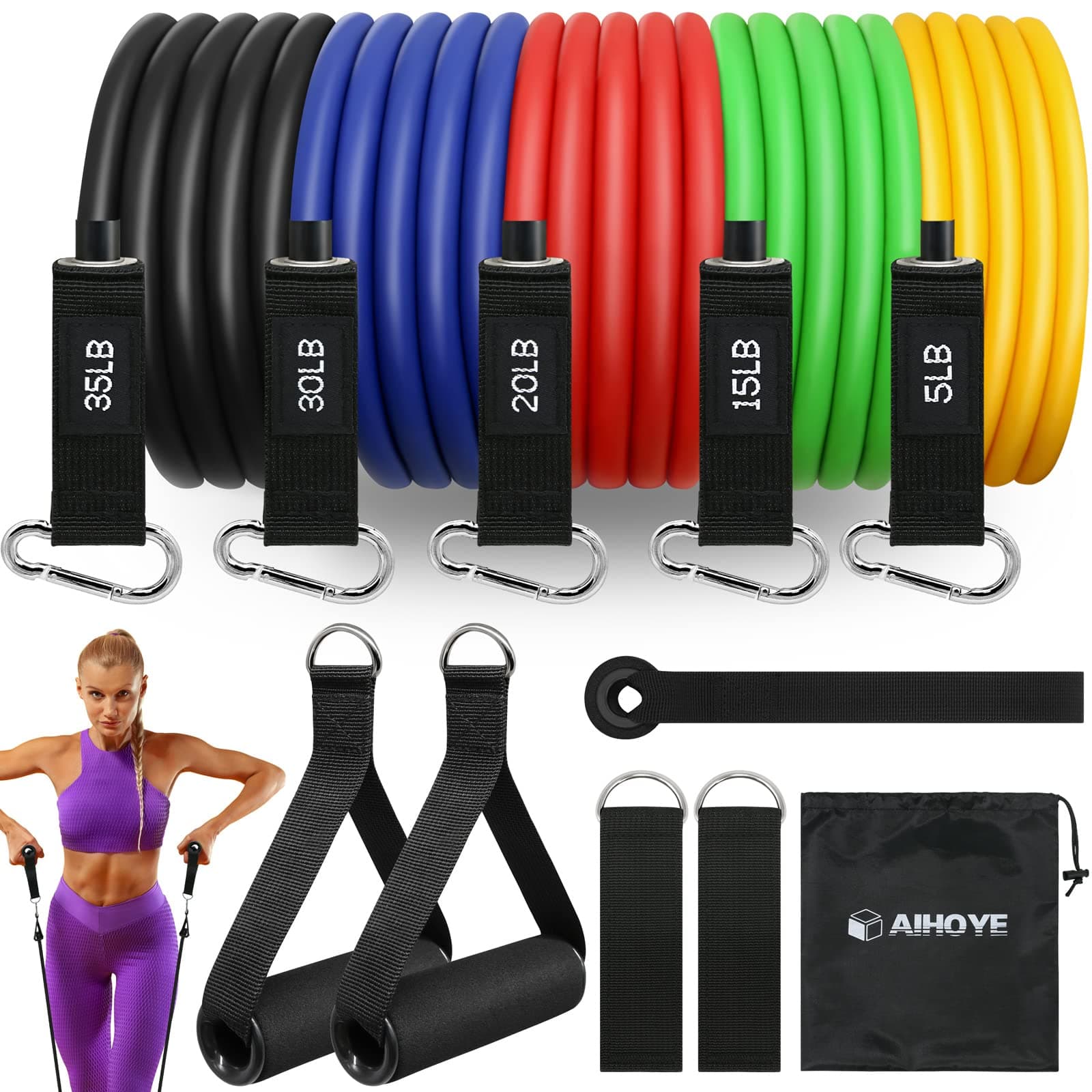 Aihoye Resistance Bands for Working Out, Exercise Bands with Handles, Stretch Bands for Exercise, Workout Bands with Door Anchors for Physical Therapy & Strength Training 5-105LB Set (11 Pcs)
