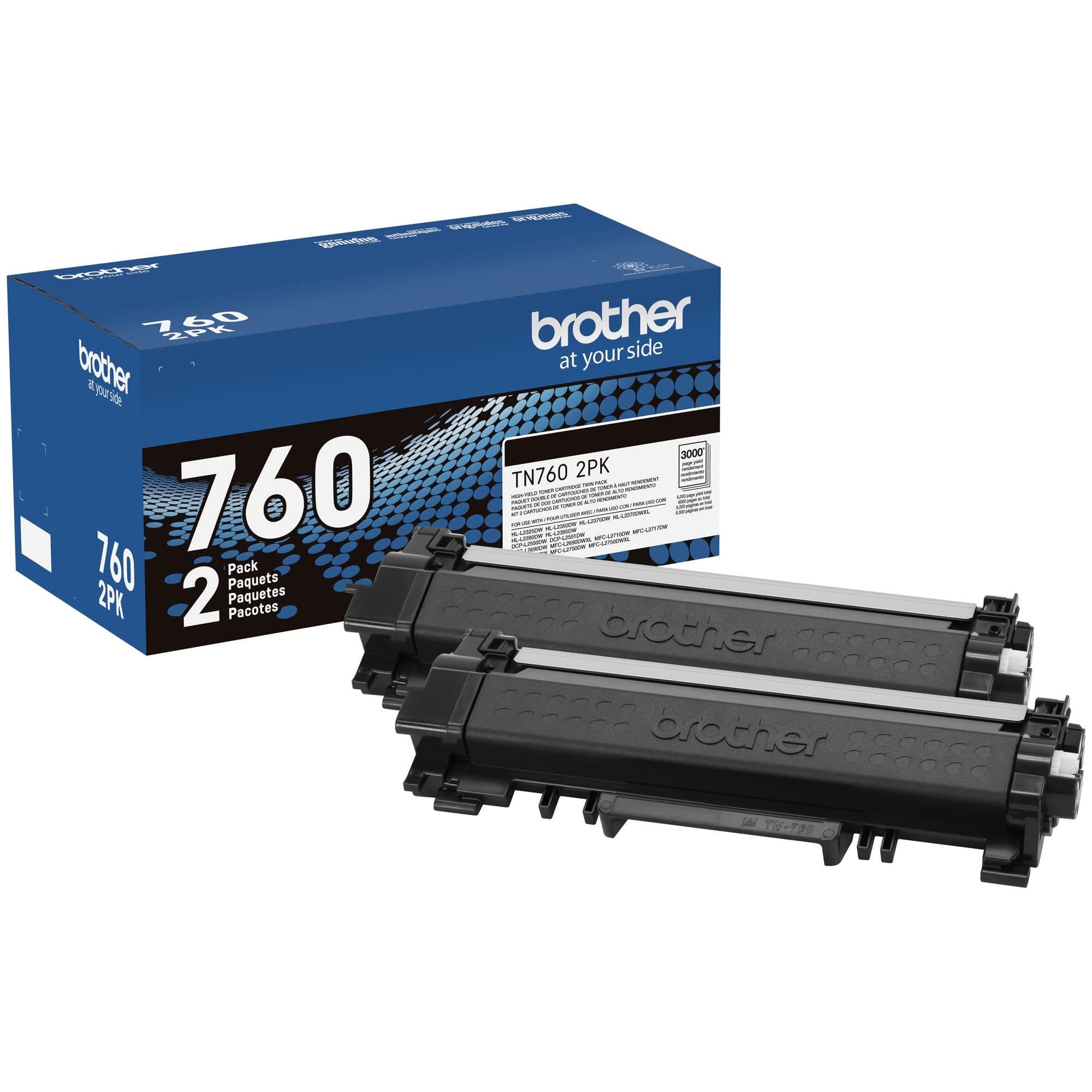 Brother Genuine High-Yield Black Toner Cartridge Twin Pack TN760 2Pk, TN7602PK,2 Pack High Yield 2